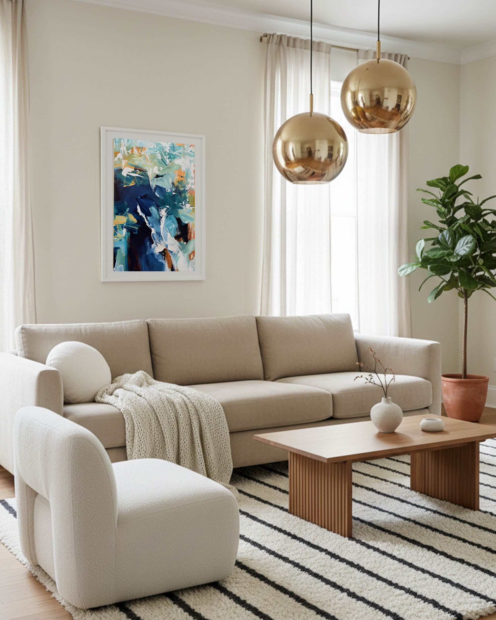 Modern living room with beige sofa, armchair, coffee table, and decorative elements.