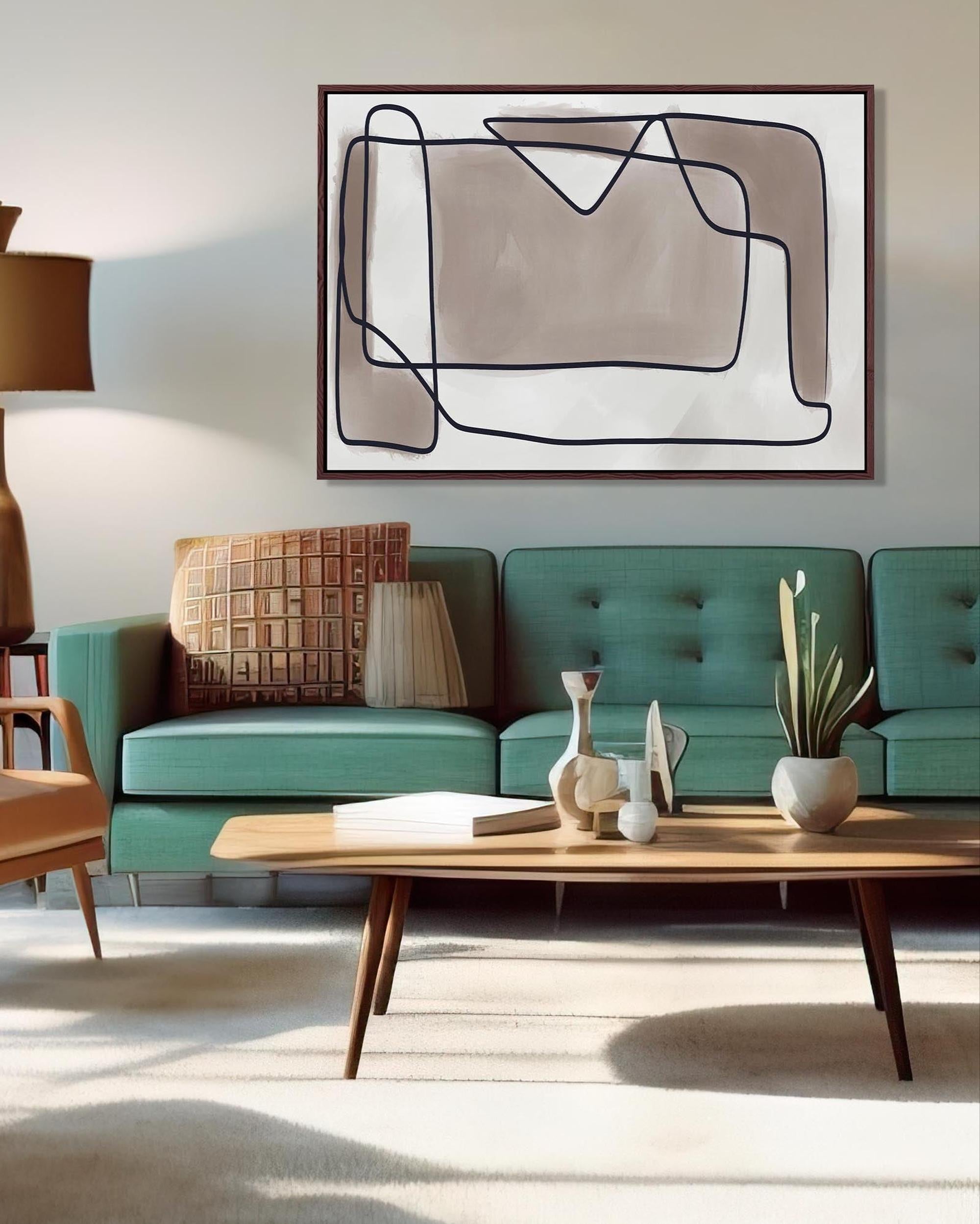 Modern living room with teal sofa, wooden coffee table, and abstract art on the wall.