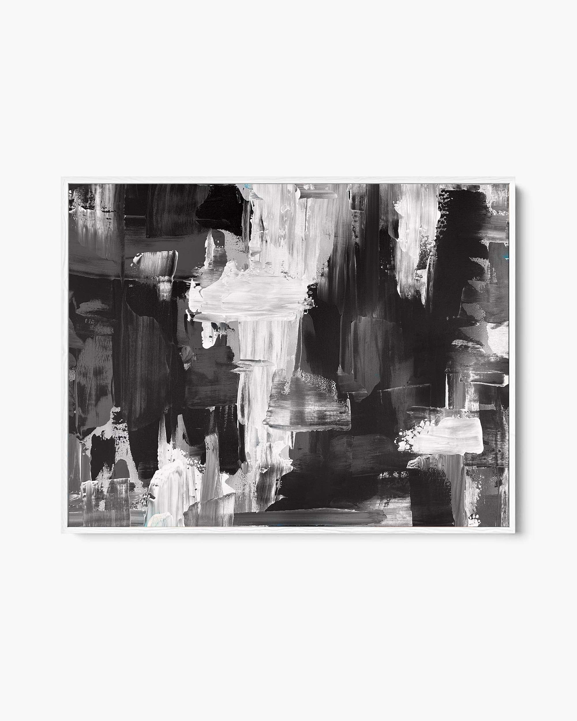 A framed monochrome canvas depicting a abstract waterfall pattern.
