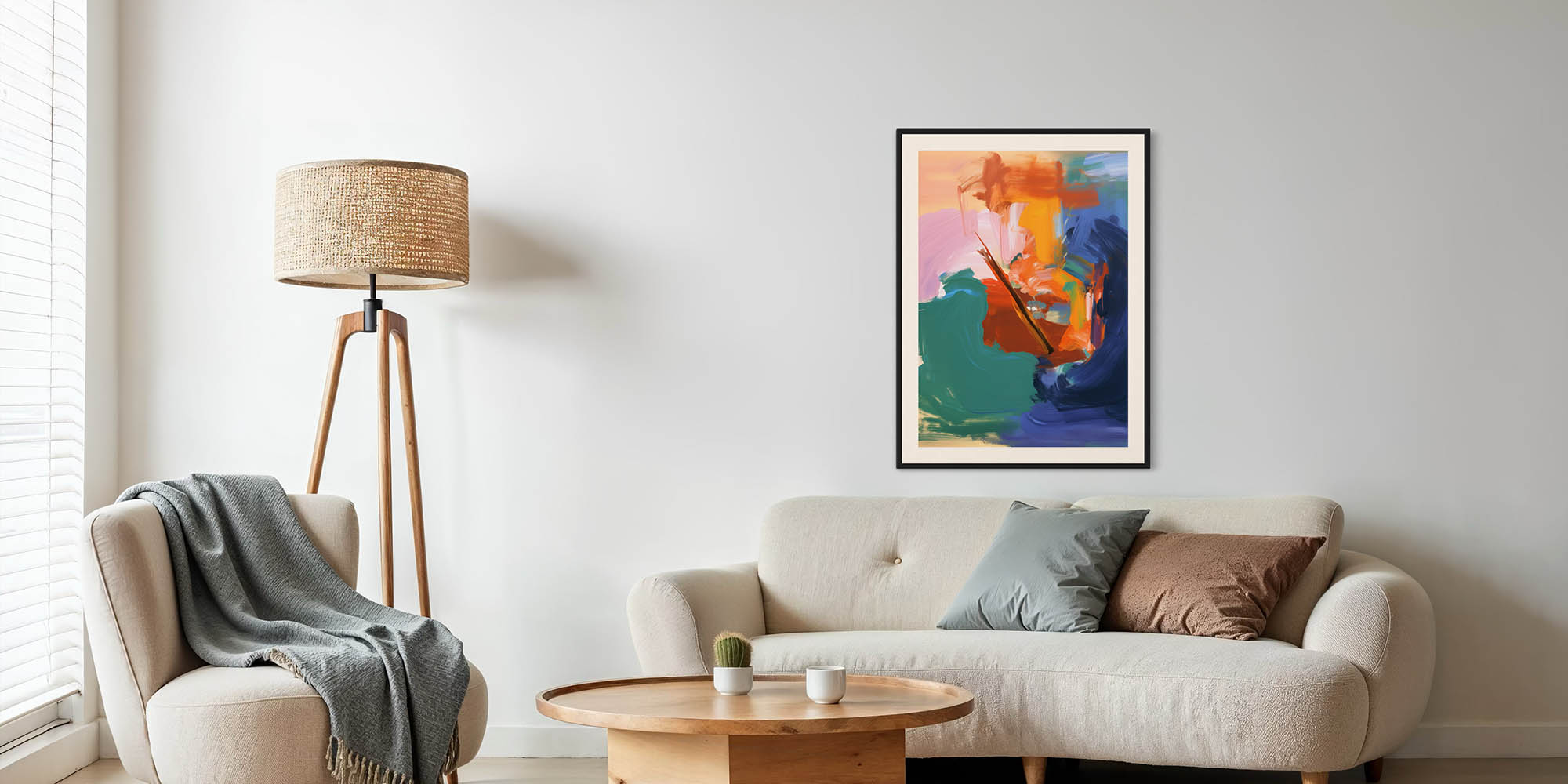 Modern living room with a colorful abstract painting on the wall, beige sofa, and lamp.