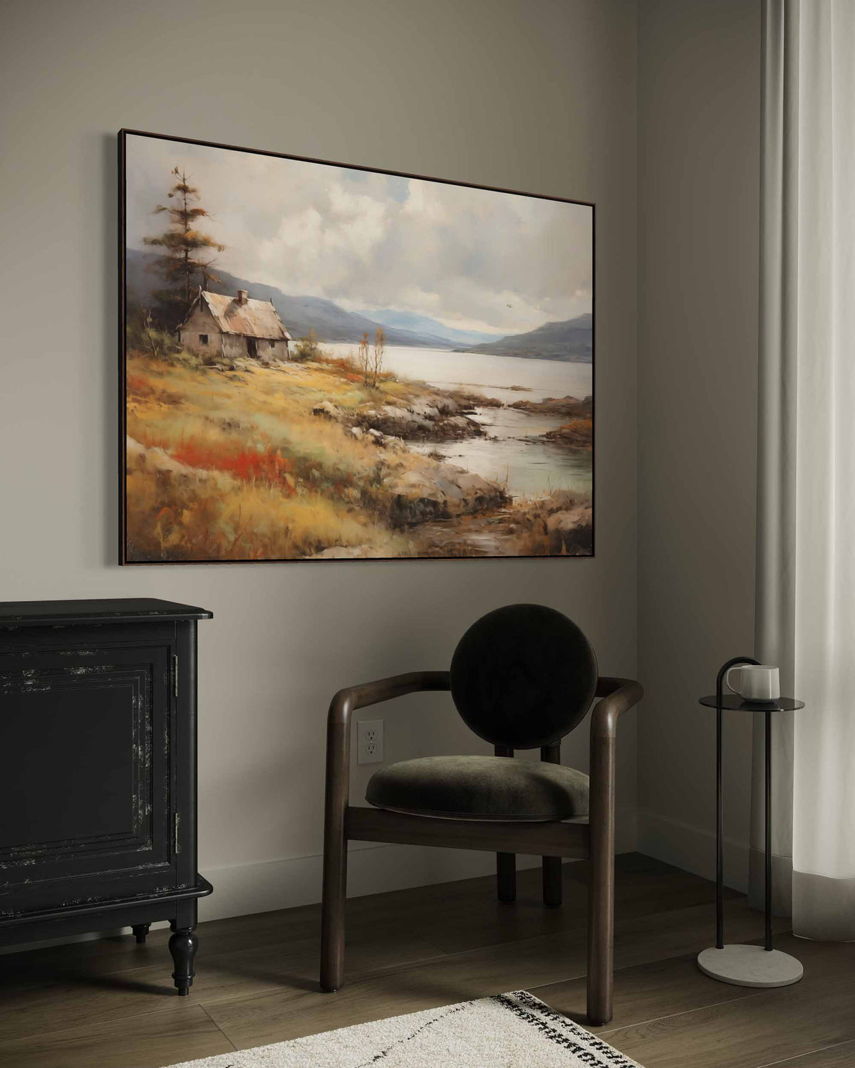 Room interior with a large landscape painting on the wall, a chair, and a small table.