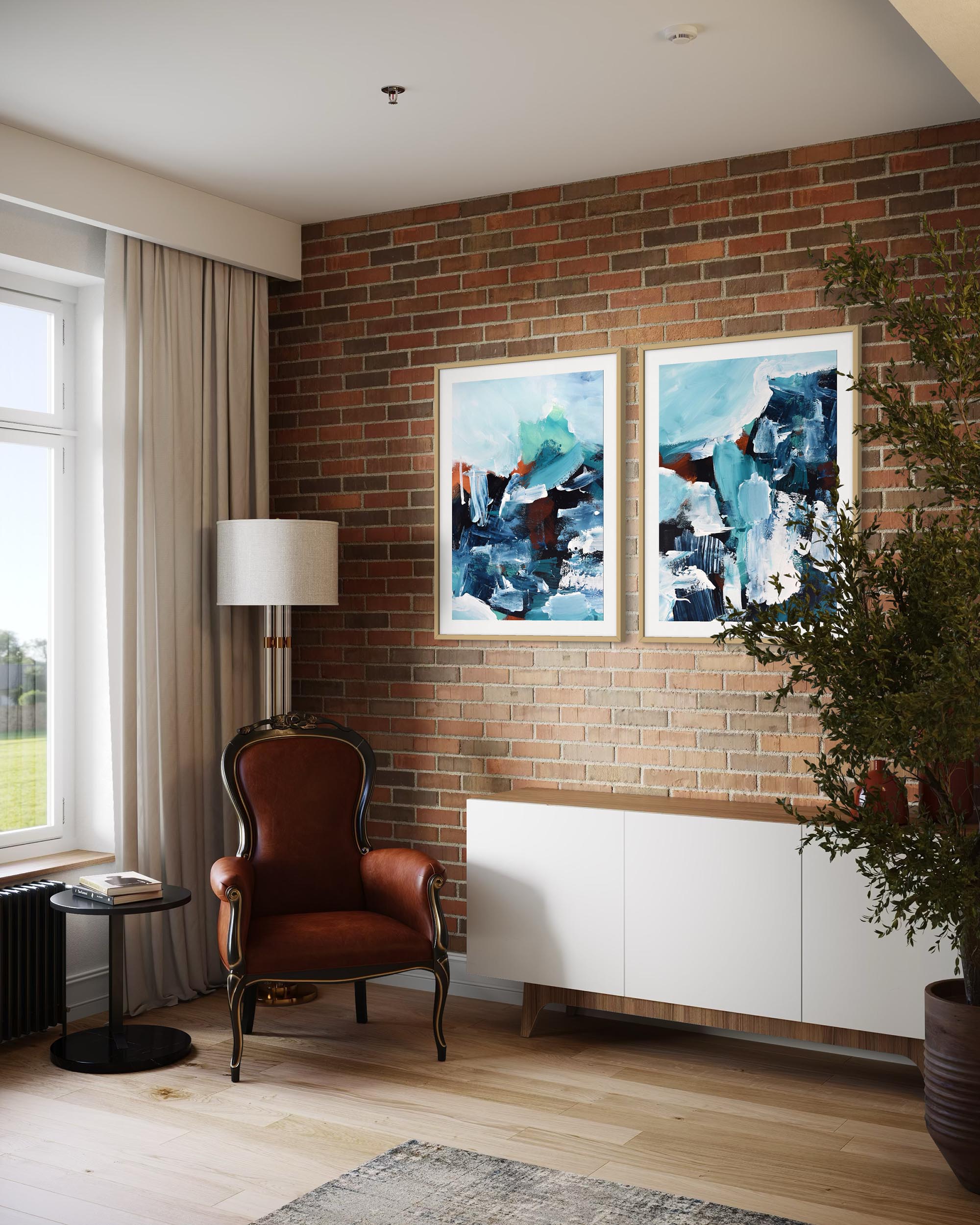 Living room with brick wall, abstract art, and a brown armchair.