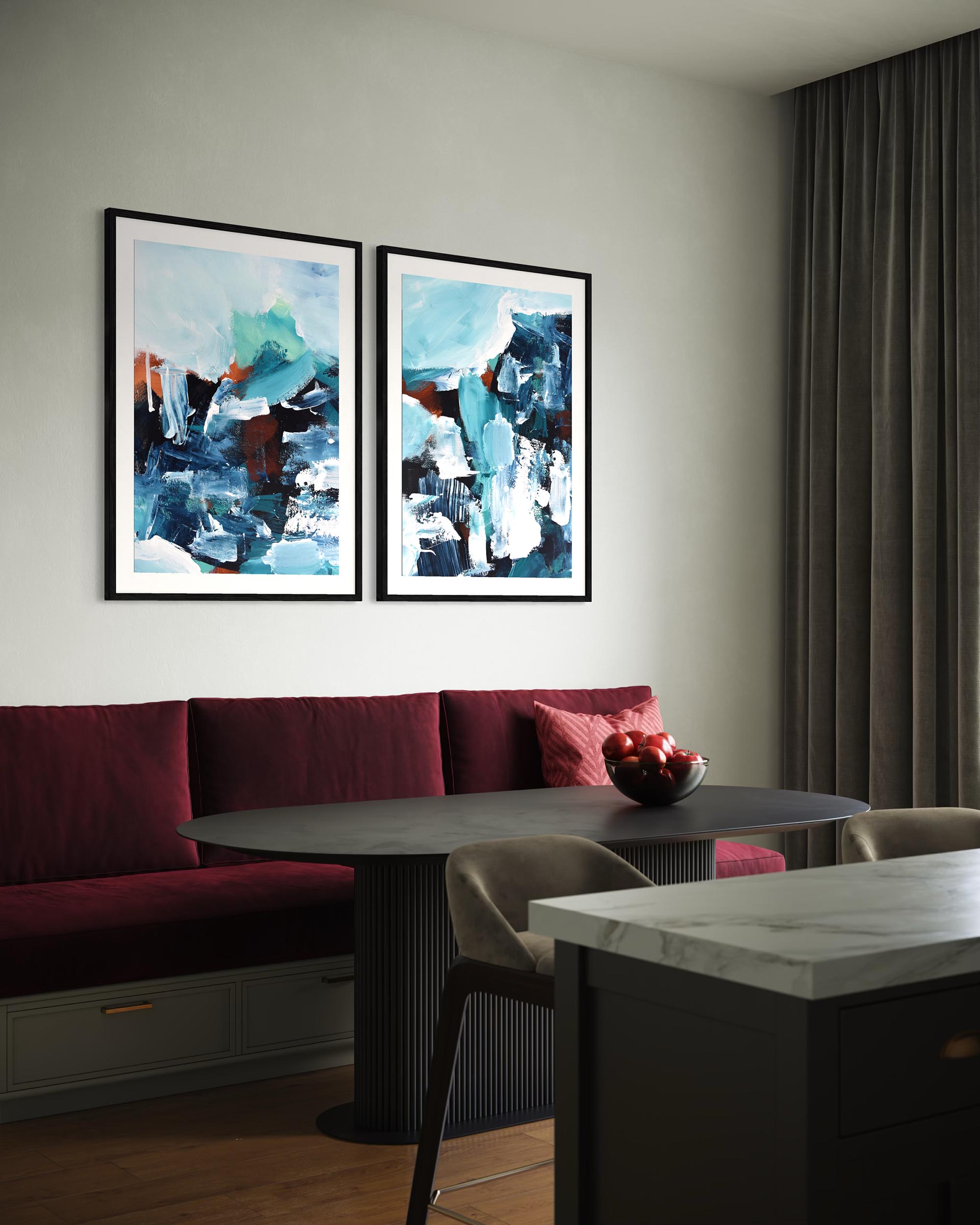 Modern living room with abstract art on the wall, a red sofa, and a marble table.