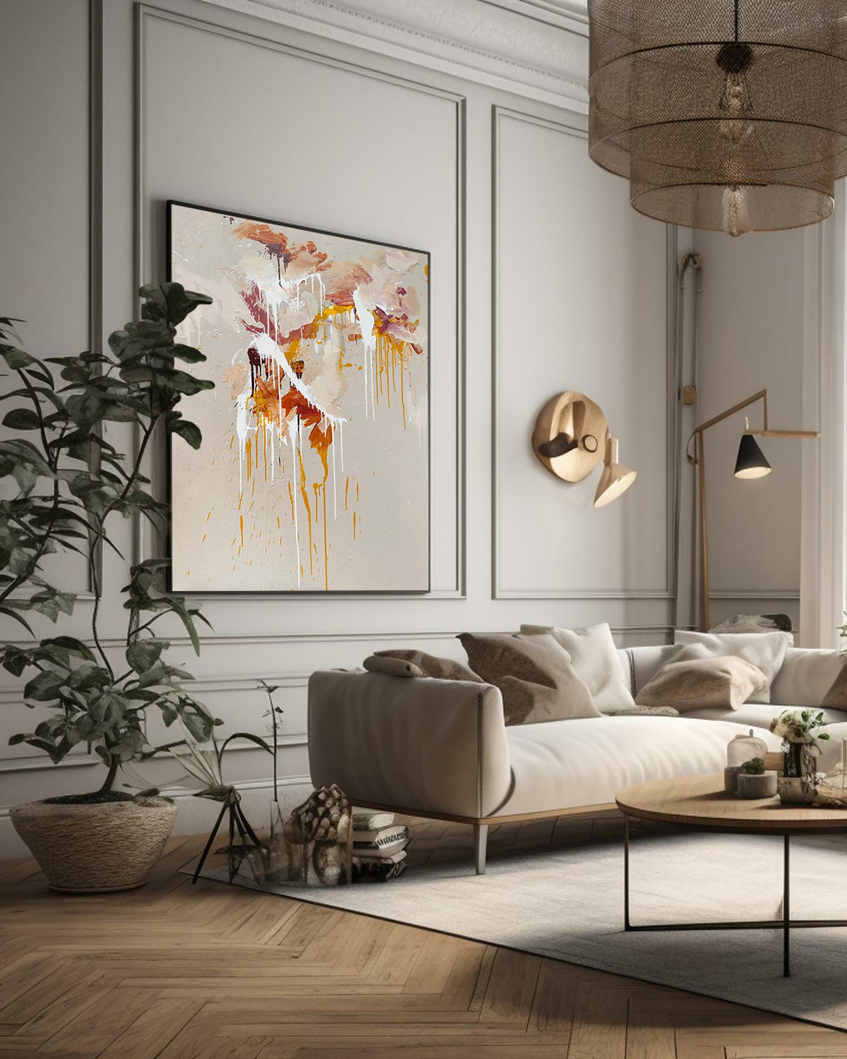 Modern living room with a sofa, coffee table, and abstract art on the wall.