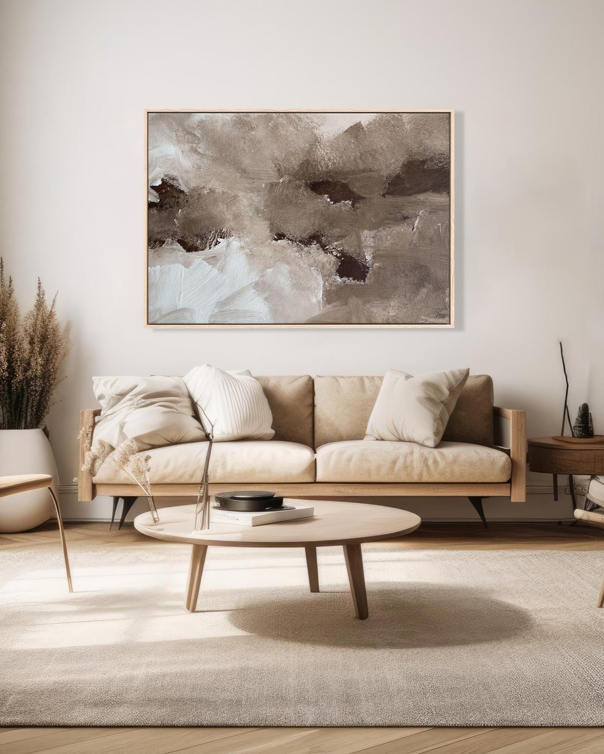 brown wall art framed canvas print in modern living room above sofa