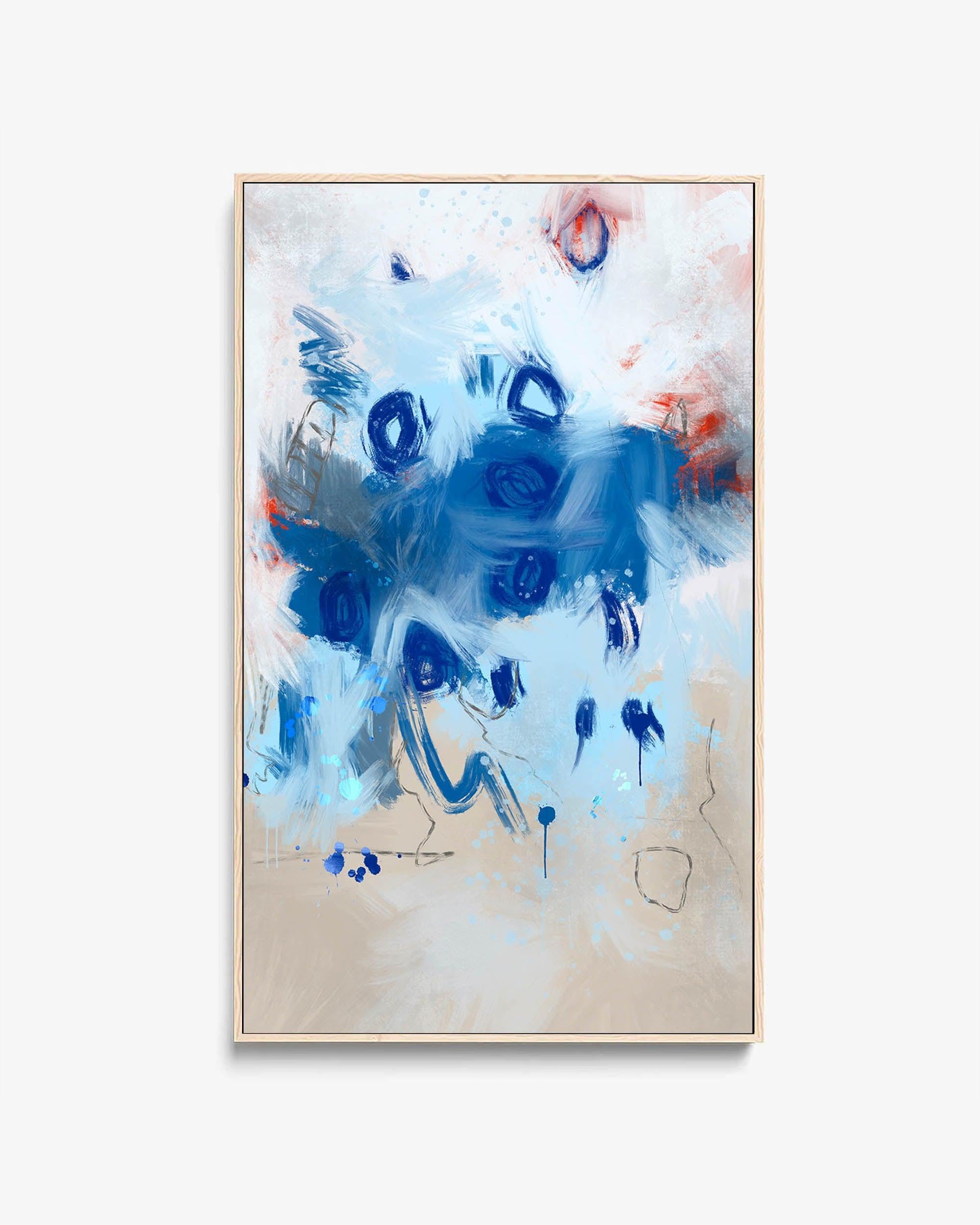 A framed canvas featuring an abstract floral design with blue and beige tones, presented in a neutral frame.