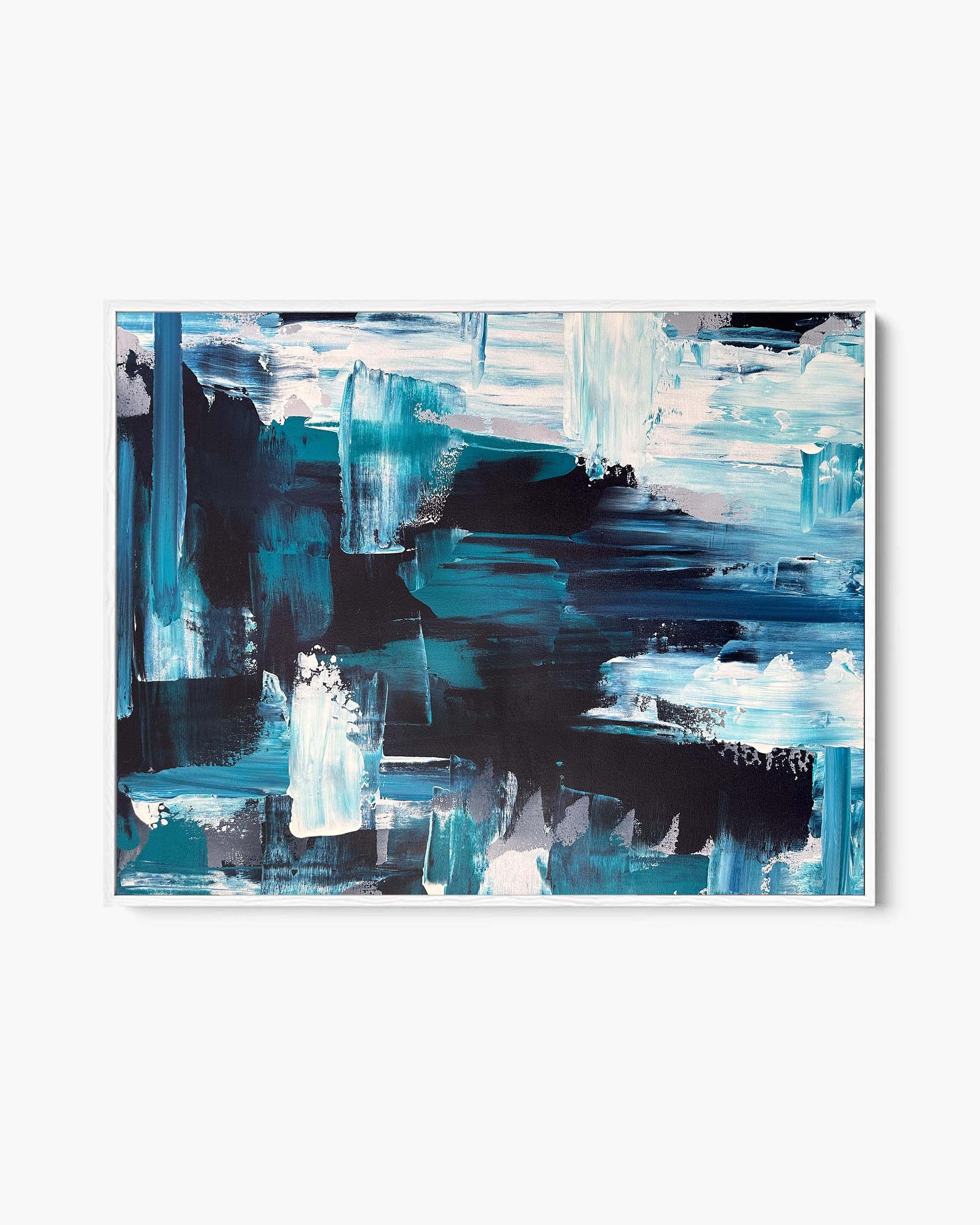 A framed canvas featuring abstract teal and monochrome brushstrokes on a white background.