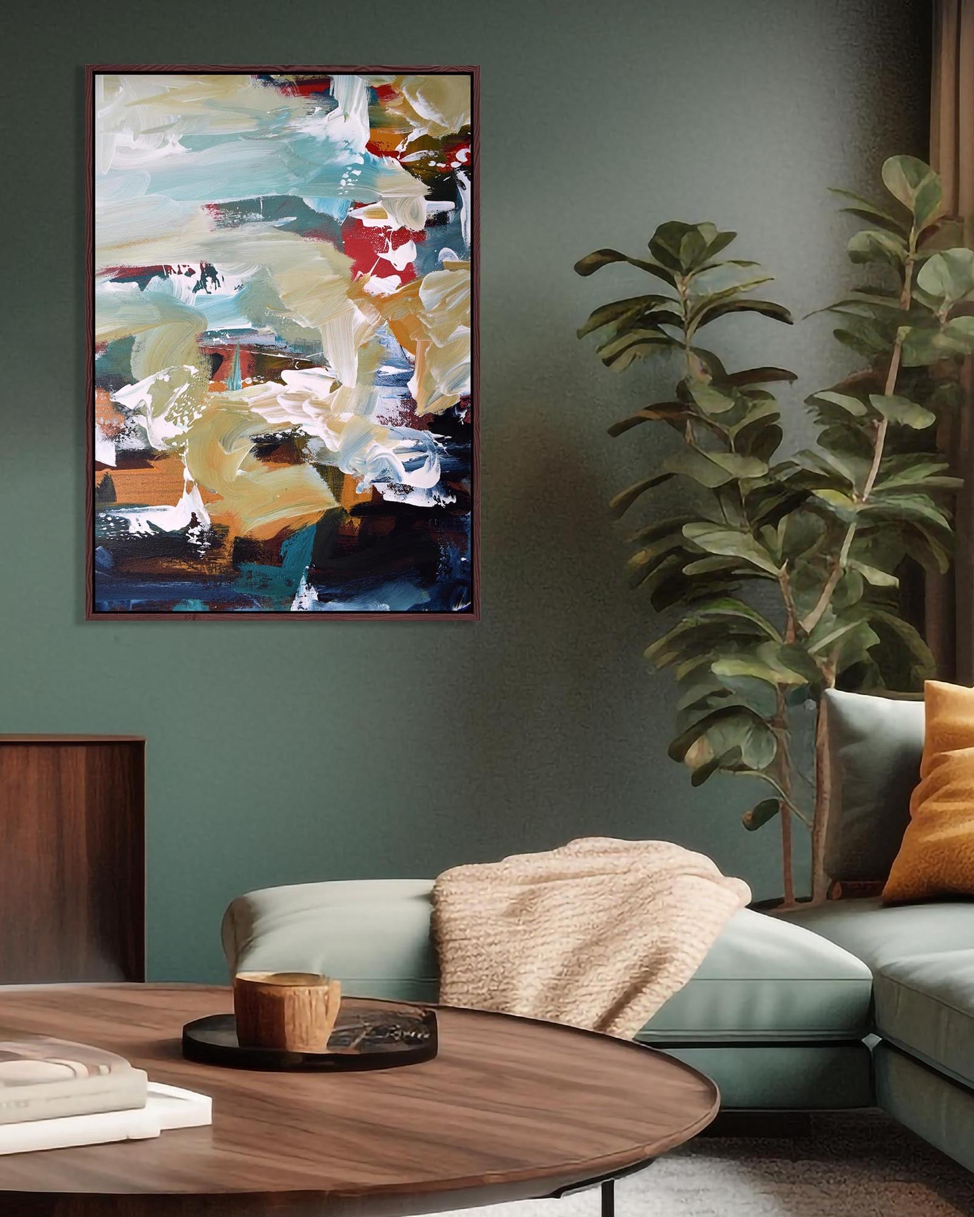 Living room with abstract painting, sofa, and plant