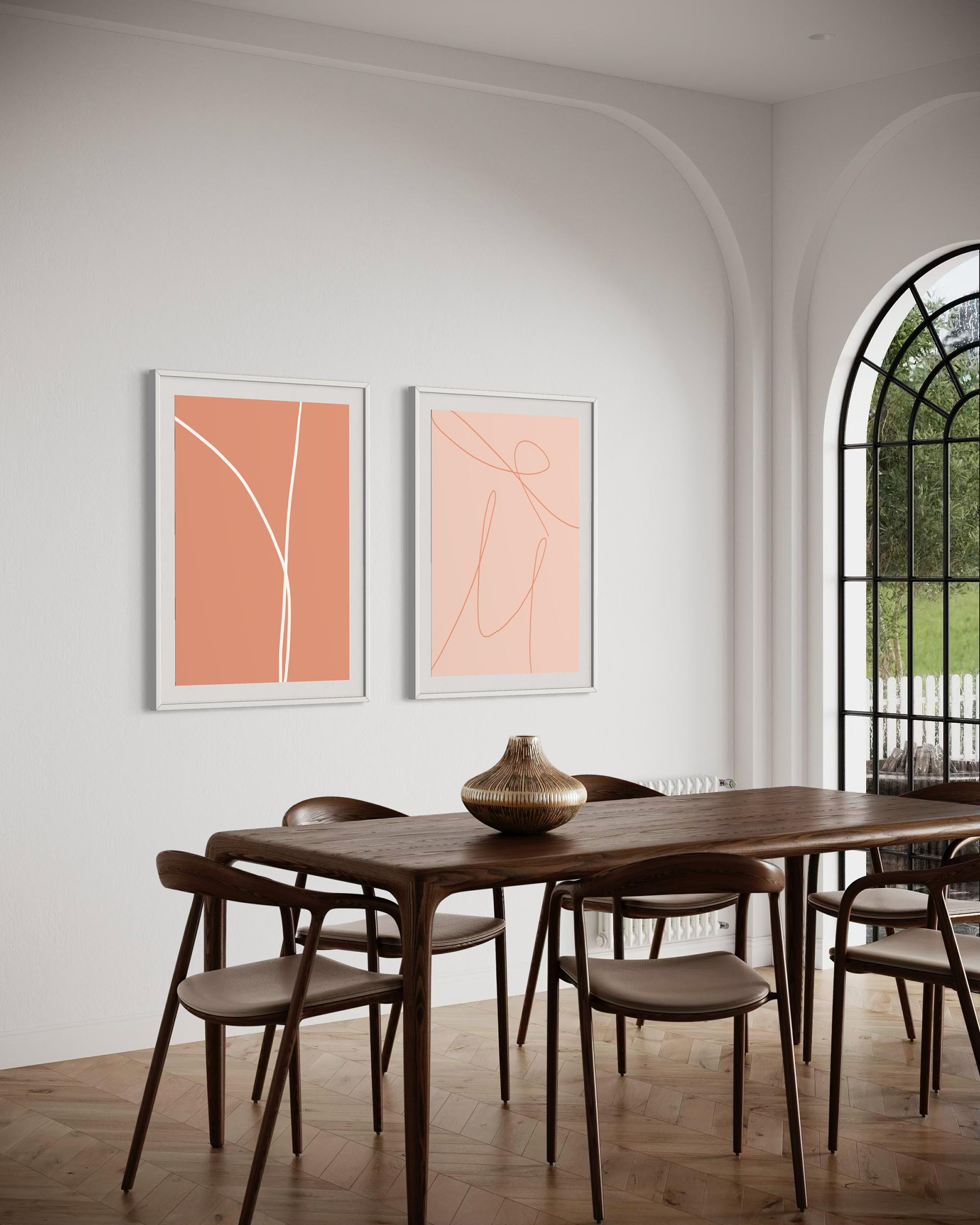 Dining room with a wooden table and chairs, featuring abstract art on the wall.