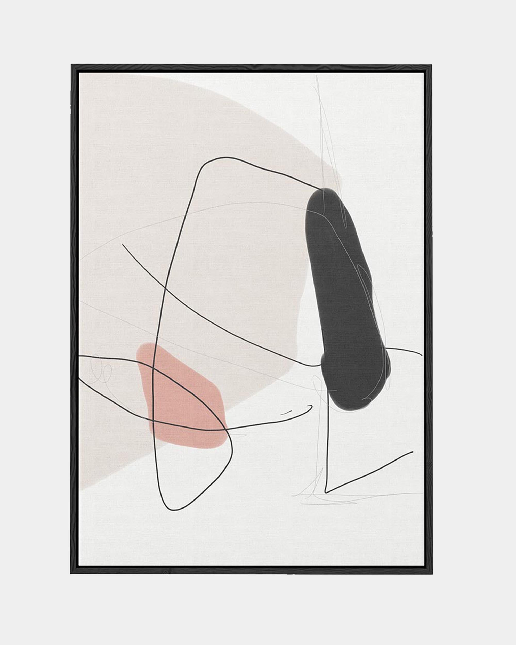 A framed canvas with a modern abstract design, featuring geometric shapes in black and pink on a white background, floated in a black frame.