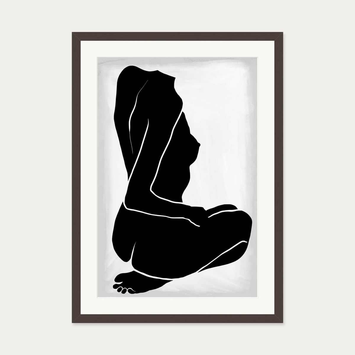 Lino Nude Figure Line Art Print — 50 x 70 cm — Brown Frame