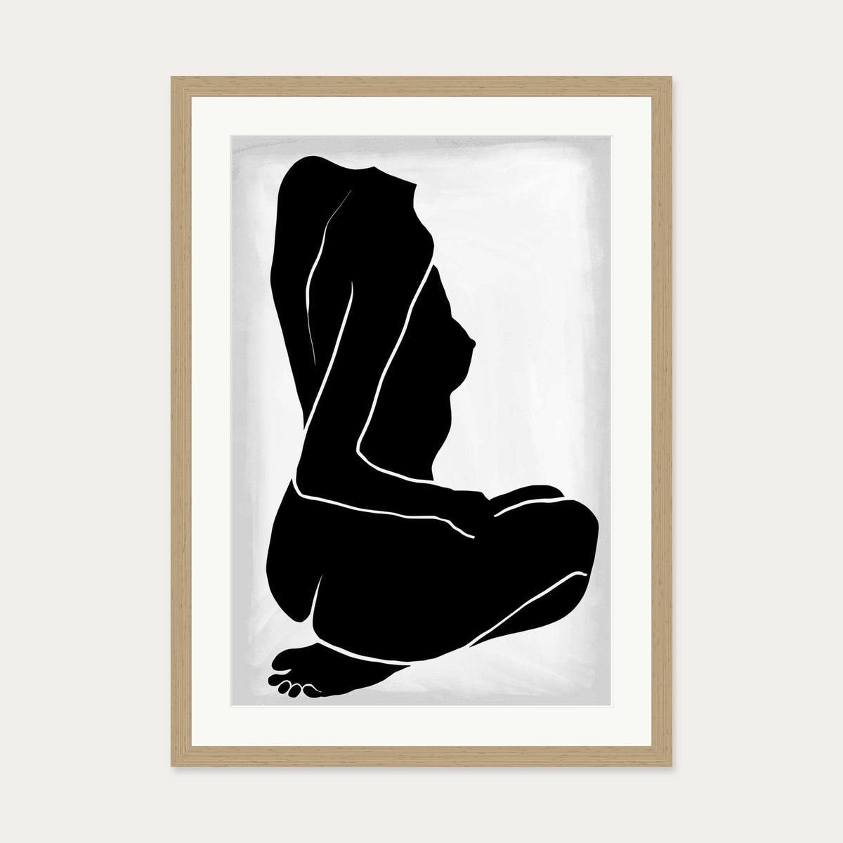 Lino Nude Figure Line Art Print — 50 x 70 cm — Oak Frame