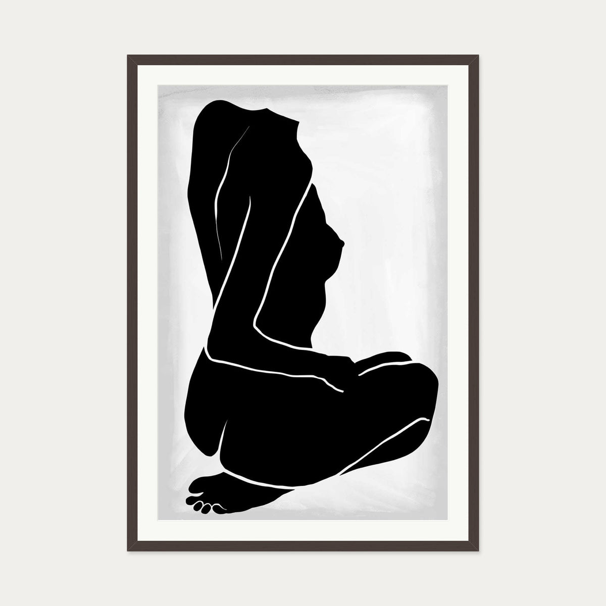 Lino Nude Figure Line Art Print — 70 x 100 cm — Brown Frame