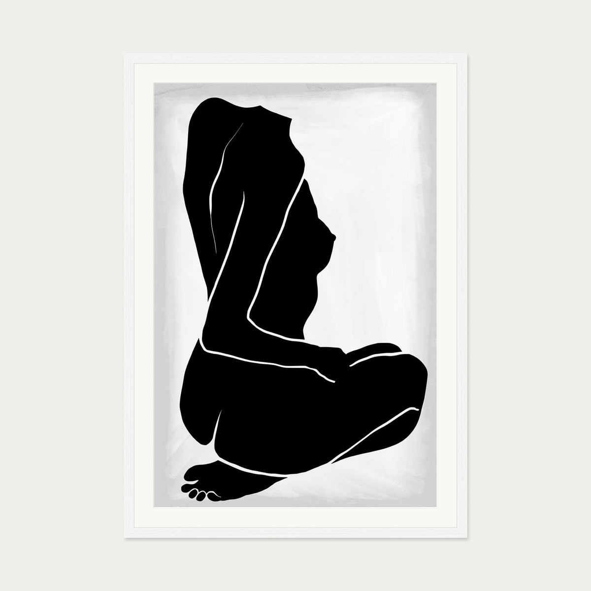 Lino Nude Figure Line Art Print — 70 x 100 cm — White Frame