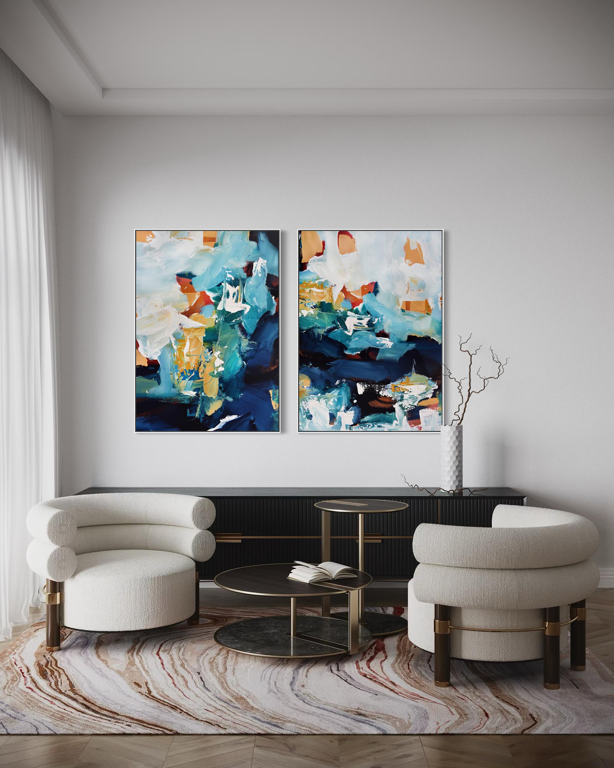 Modern living room with abstract art on the wall and stylish furniture.