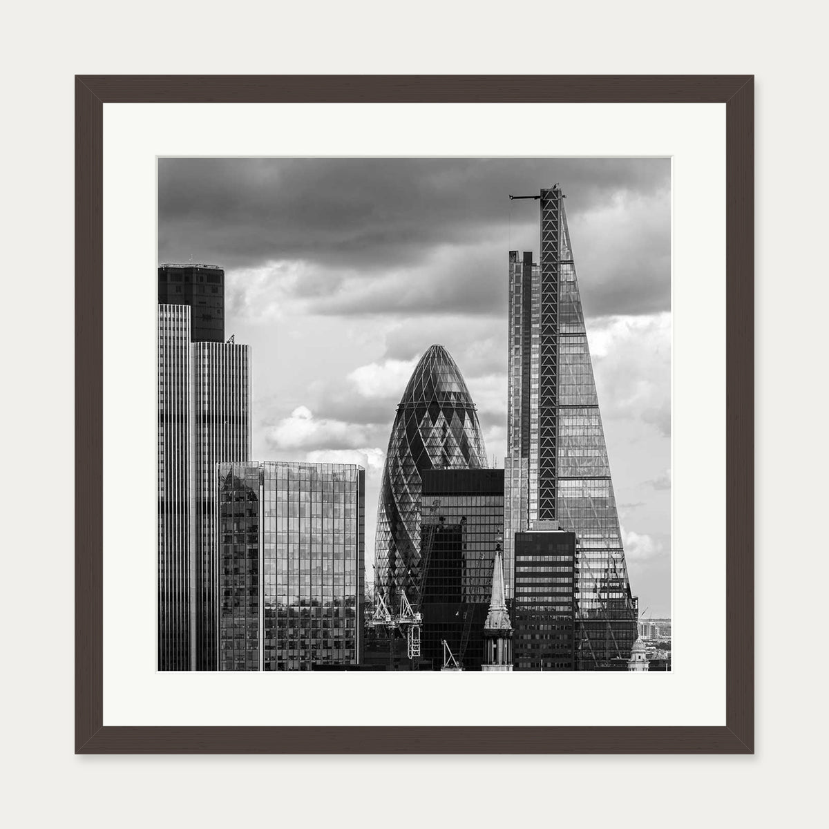 London Skyline Monochrome Art Print — 50 x 50 cm — Brown Frame