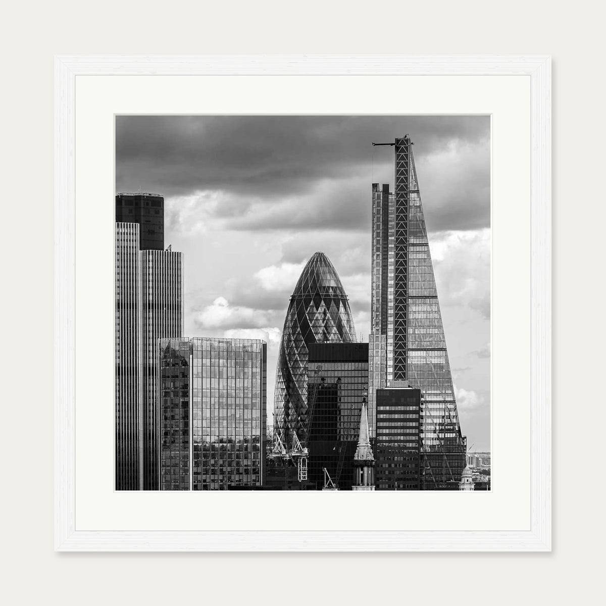 London Skyline Monochrome Art Print — 50 x 50 cm — White Frame