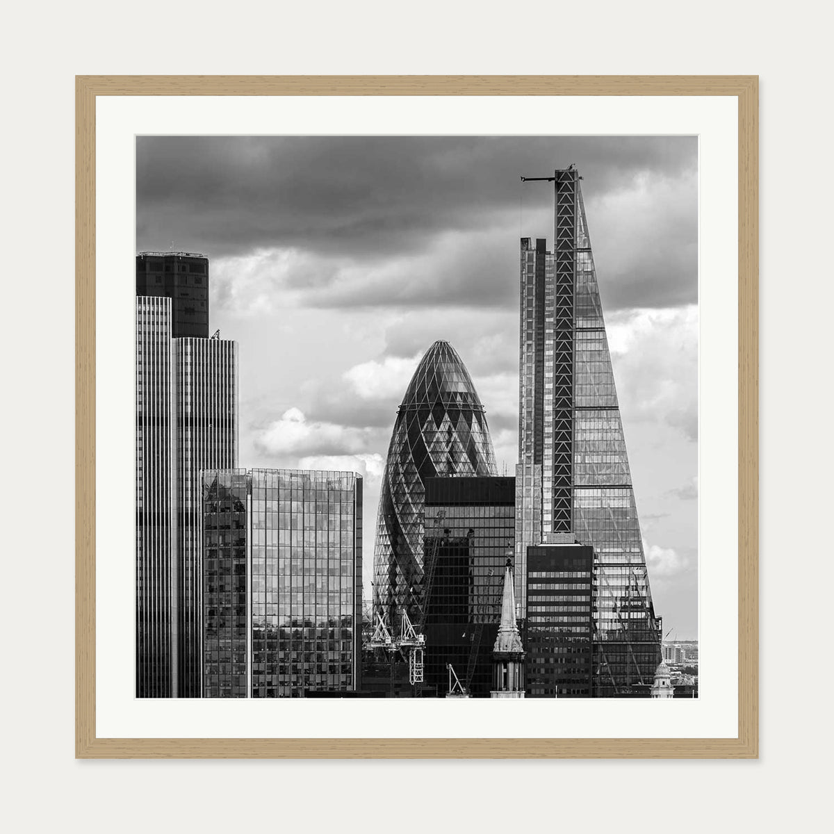 London Skyline Monochrome Art Print — 70 x 70 cm — Oak Frame