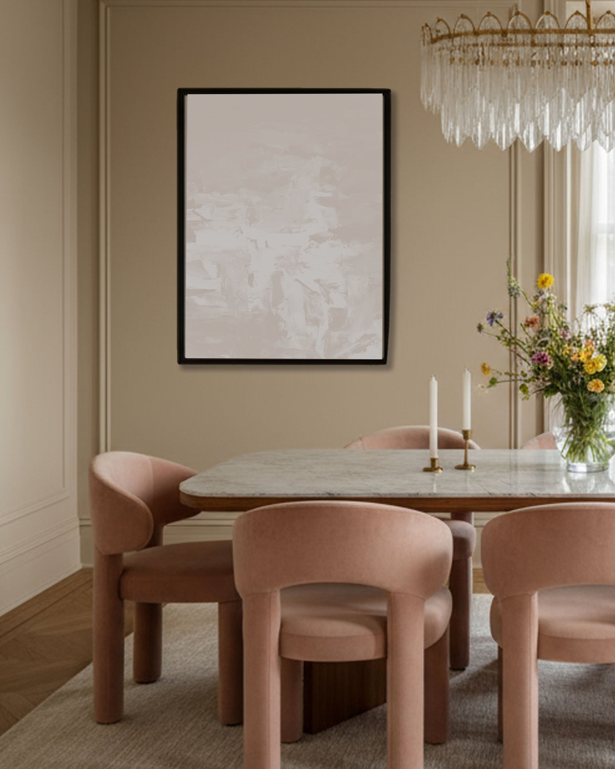 modern luxury dining room in beige pastel tones, with blush pink contemporary dining chairs and elegant large canvas painting on wall.