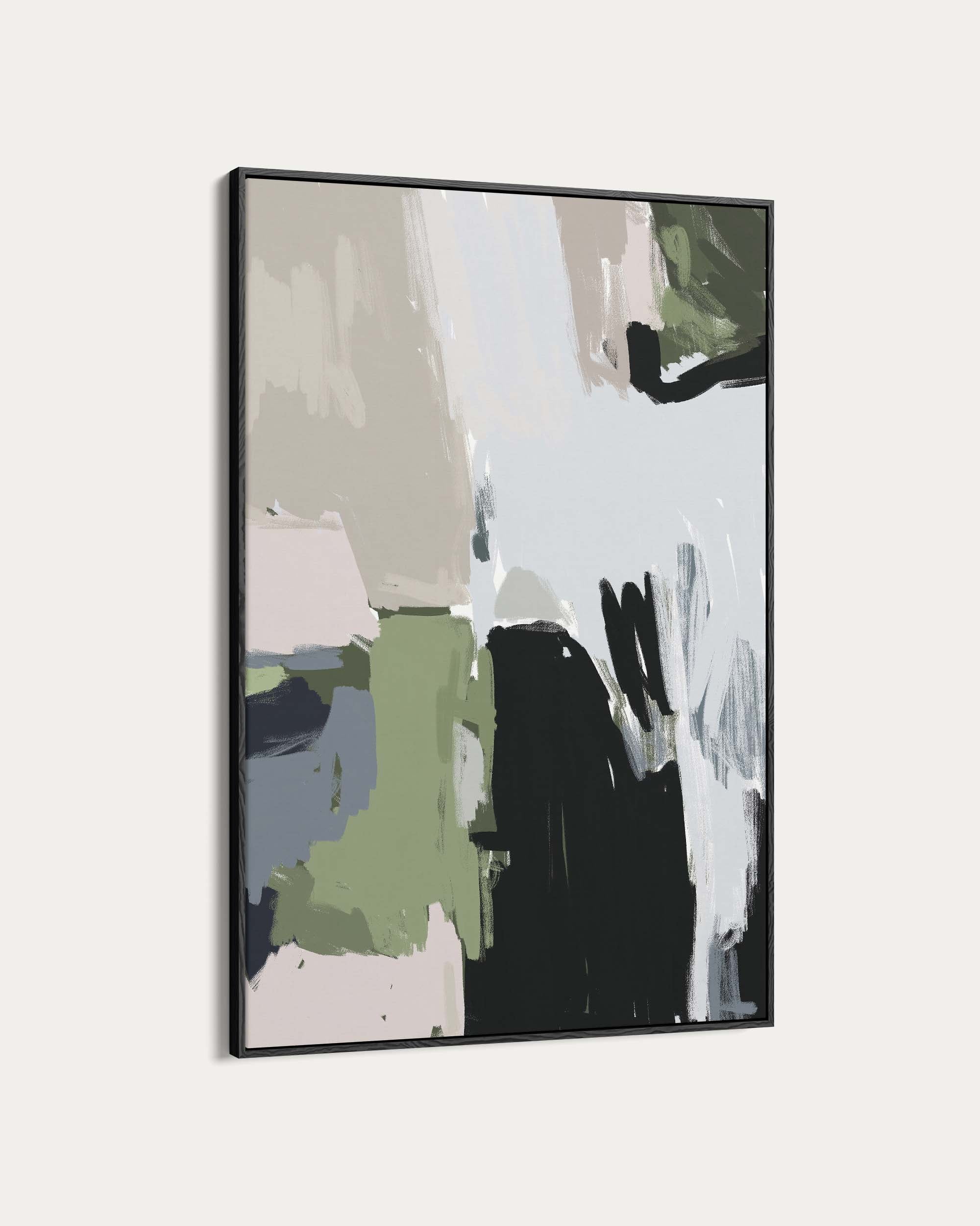 Abstract art piece with colorful brush strokes in a black frame on a white background