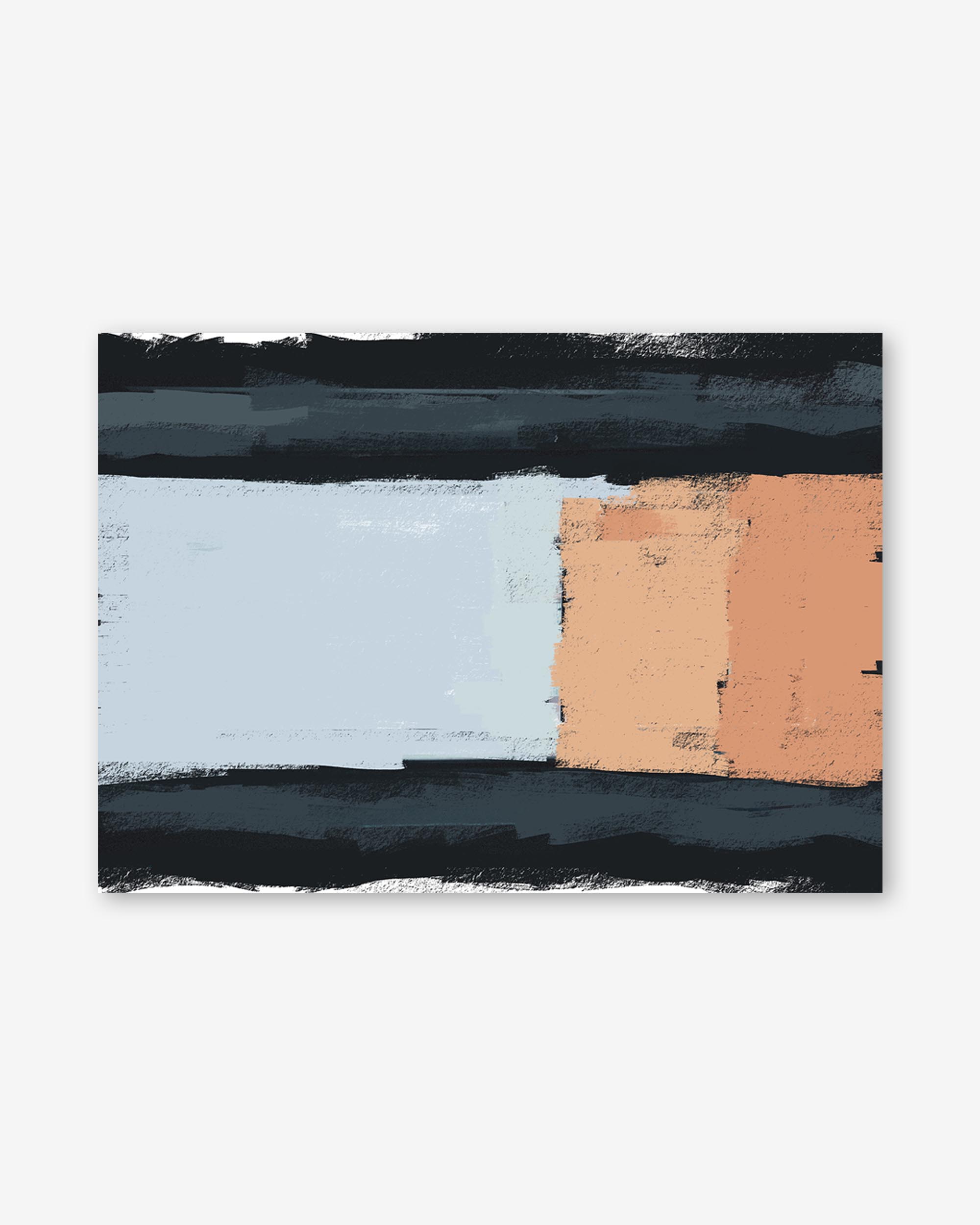 Abstract art piece with horizontal stripes of black, white, and peach on a white background
