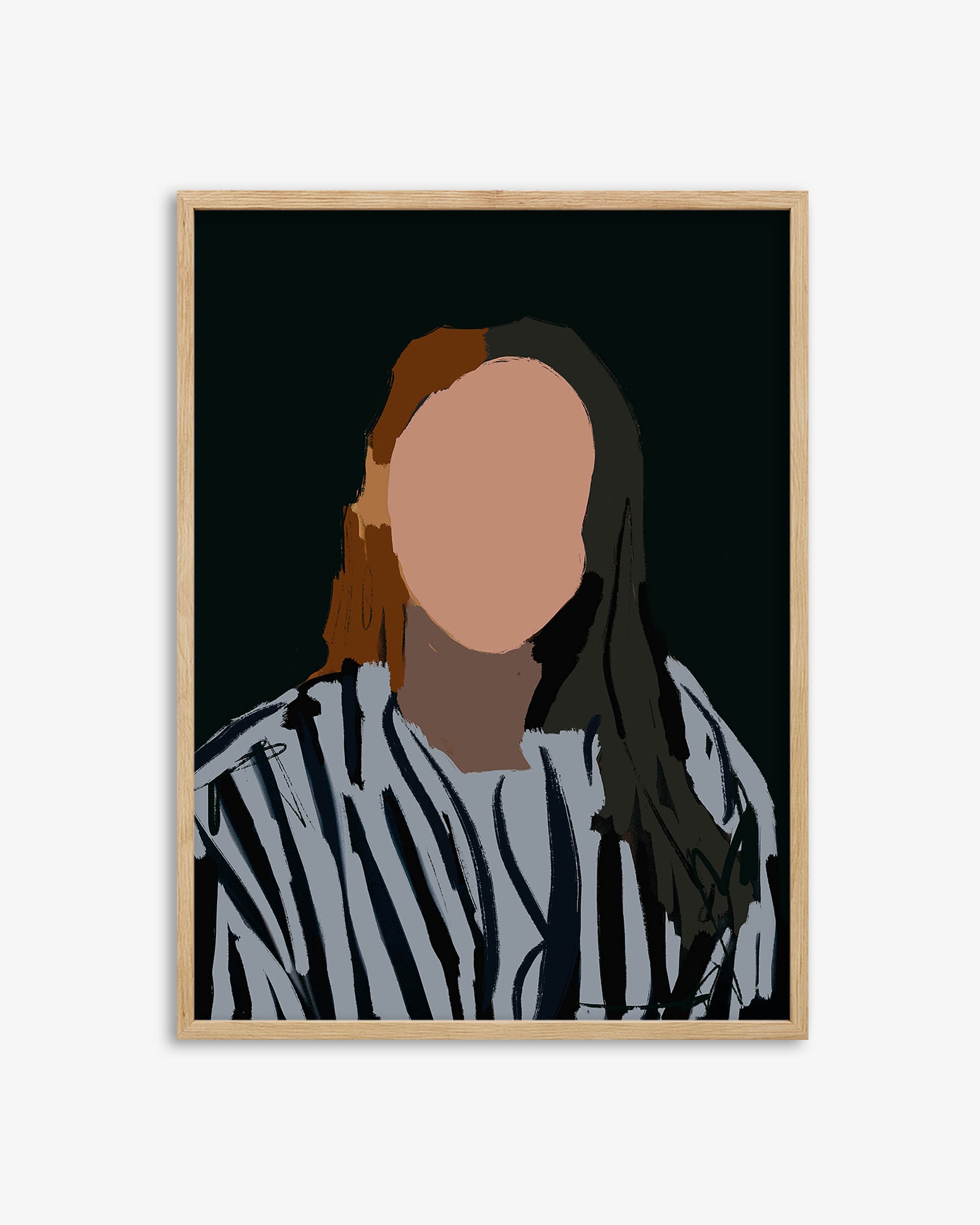 Framed artwork of a person with long hair wearing a striped shirt on a black background