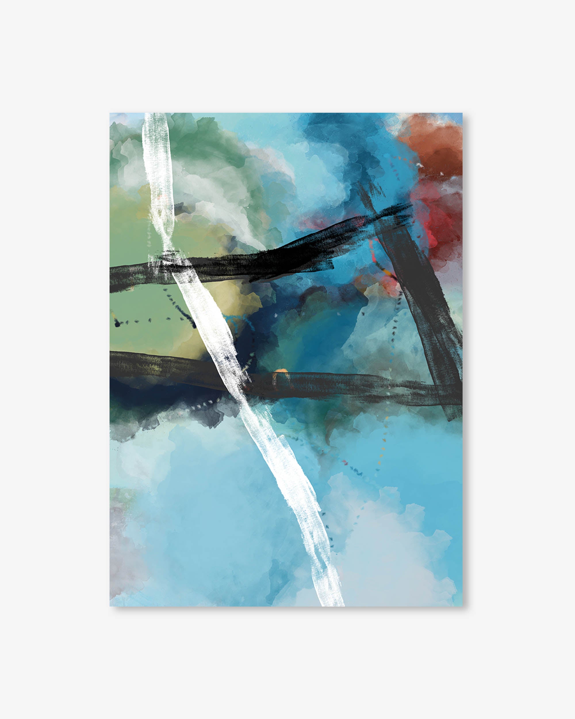 Abstract art print with blue, green, and black colors on a white background