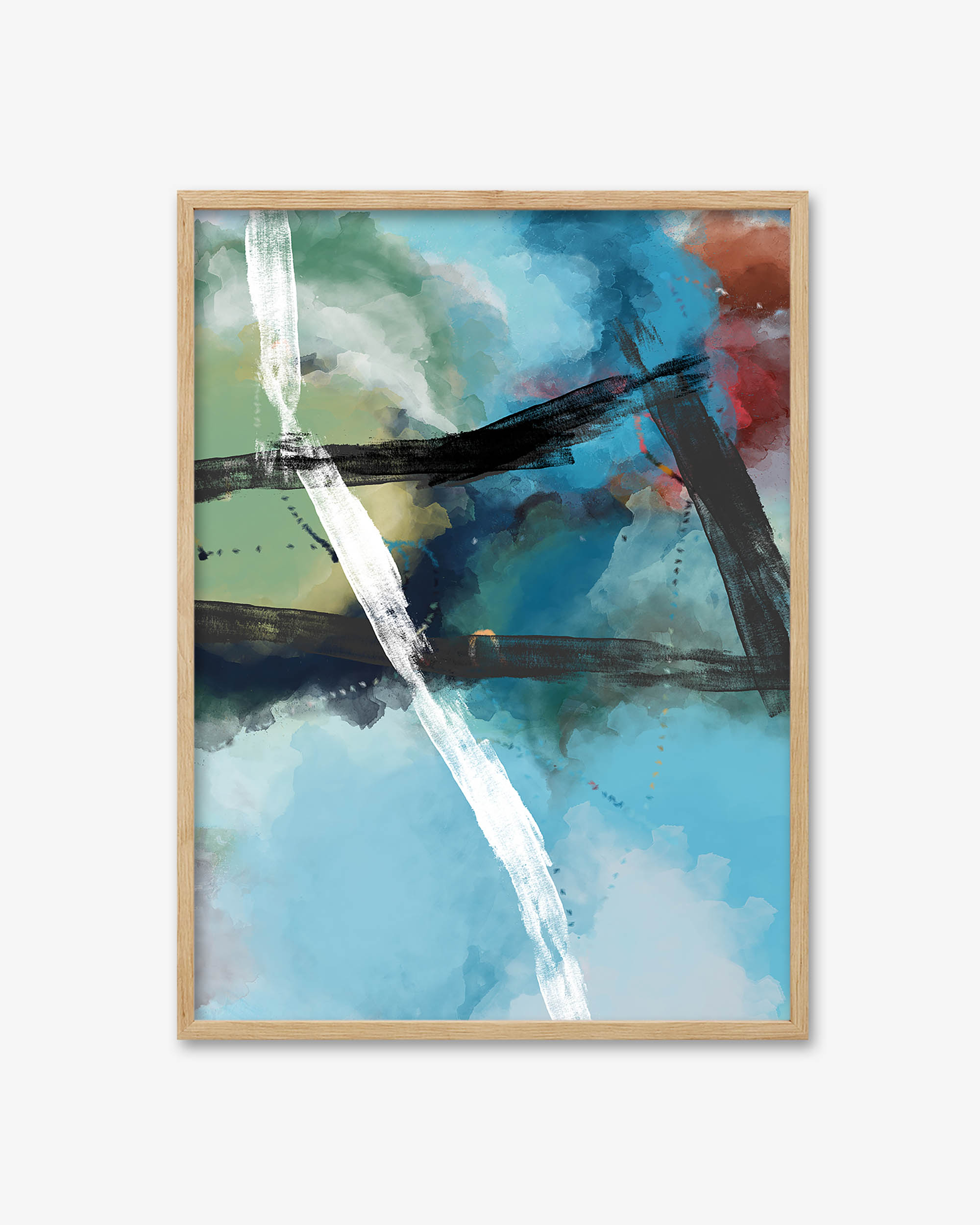 Abstract art print with blue, green, and black colors in a wooden frame on a white background