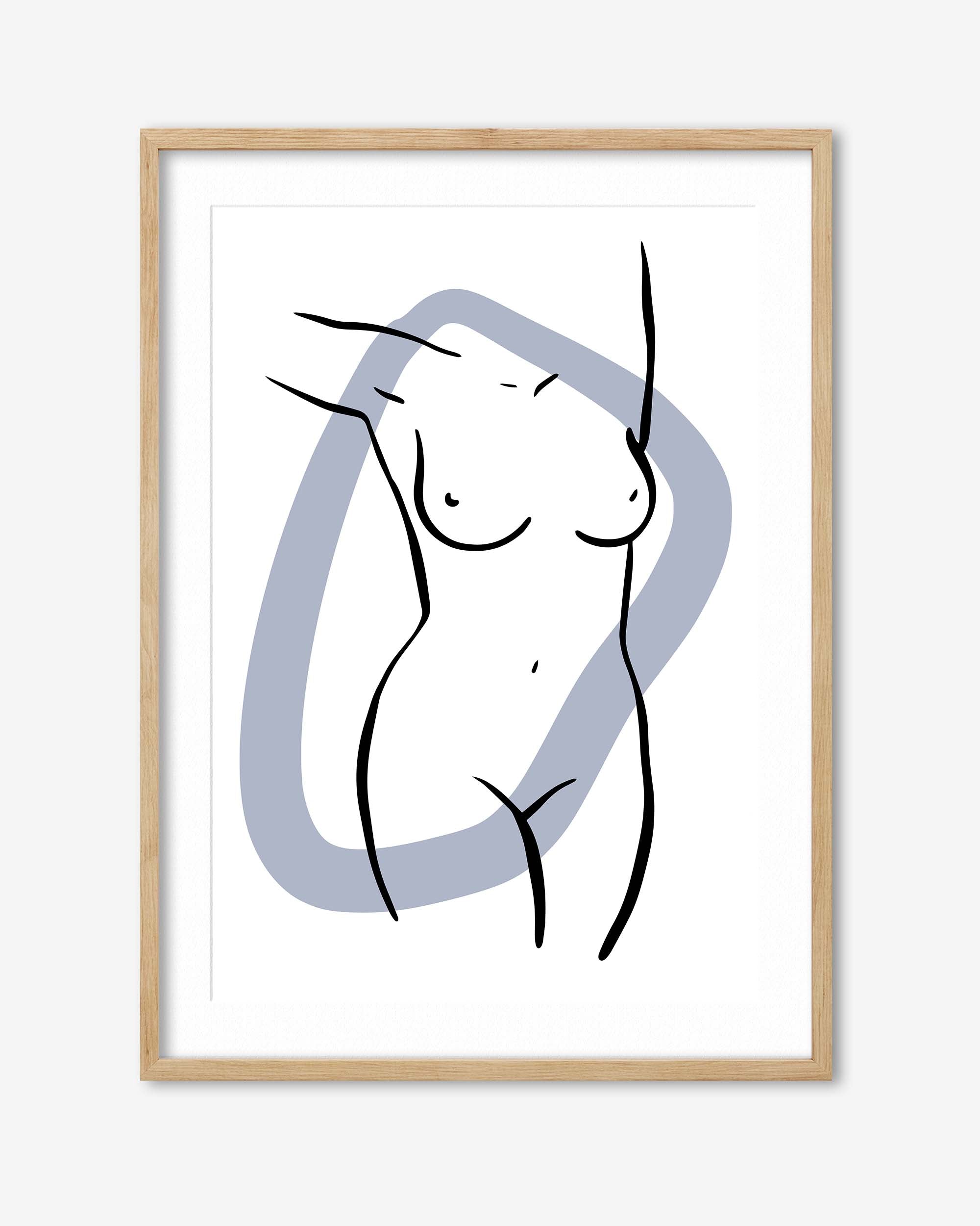 Framed abstract line art of a nude figure on a white background