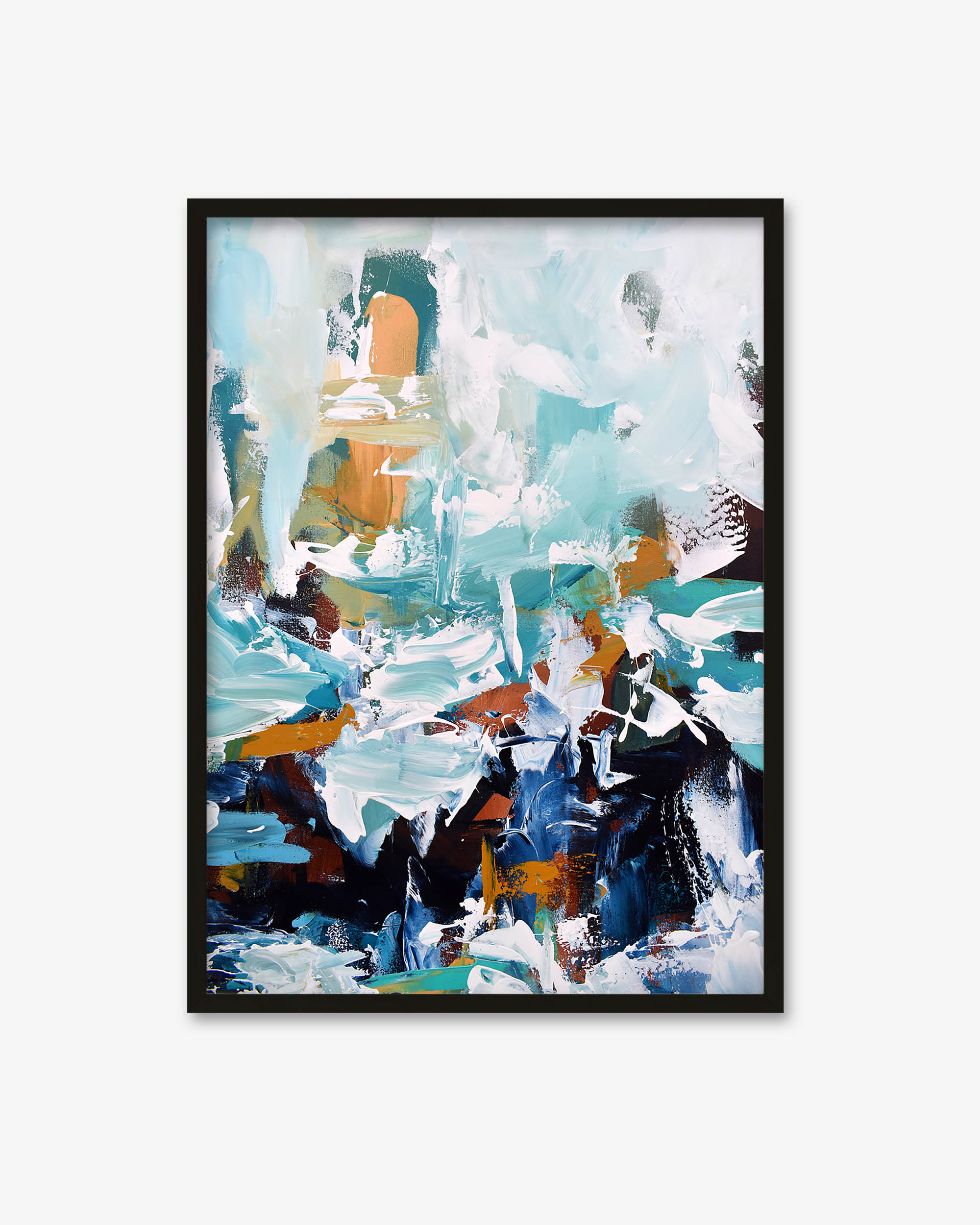 Framed abstract painting with blue, orange, and black colors on a white background