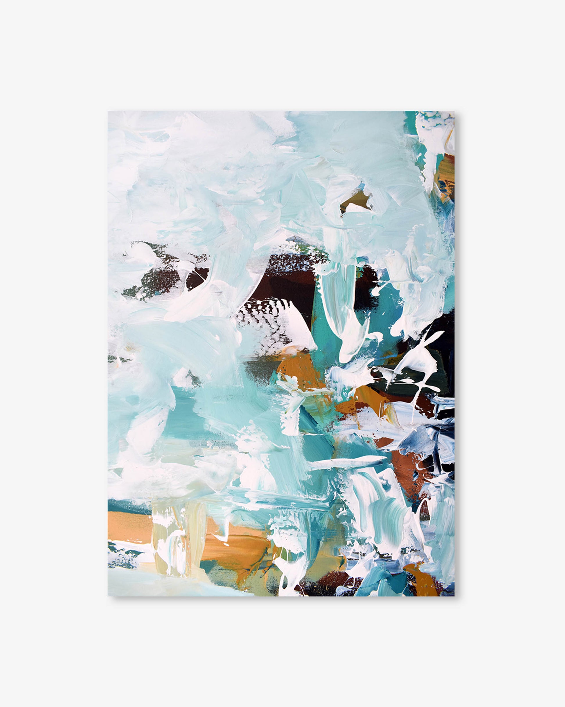 Abstract art print with blue, white, and orange colors on a white background