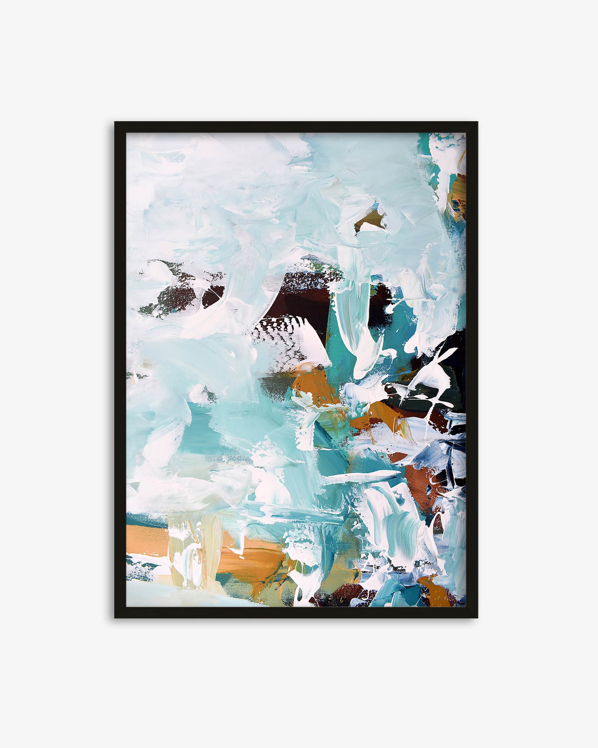 Framed abstract artwork with a colorful design on a white background