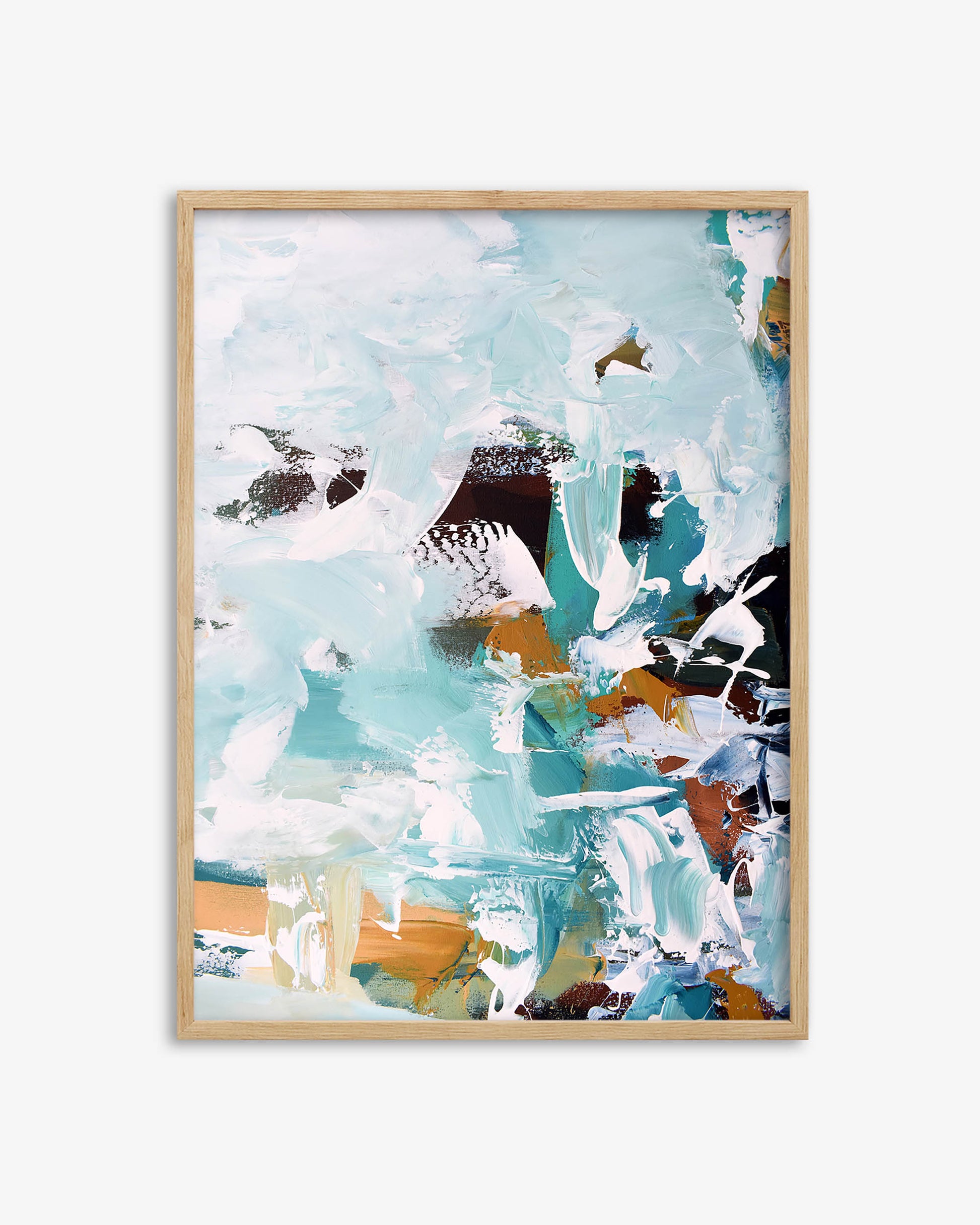 Abstract art print with a wooden frame on a white background