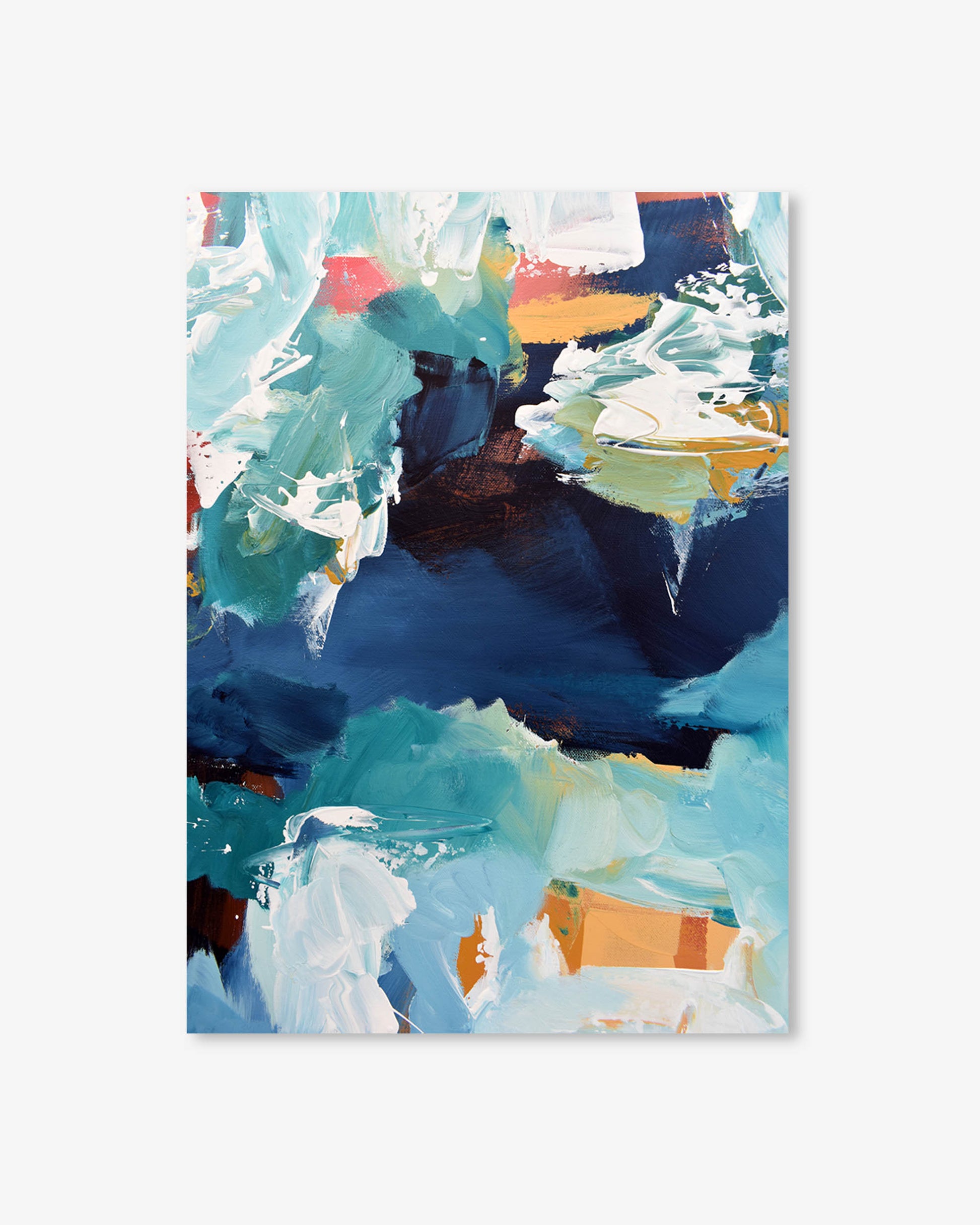 Abstract painting with a mix of blue, green, and orange colors on a white background