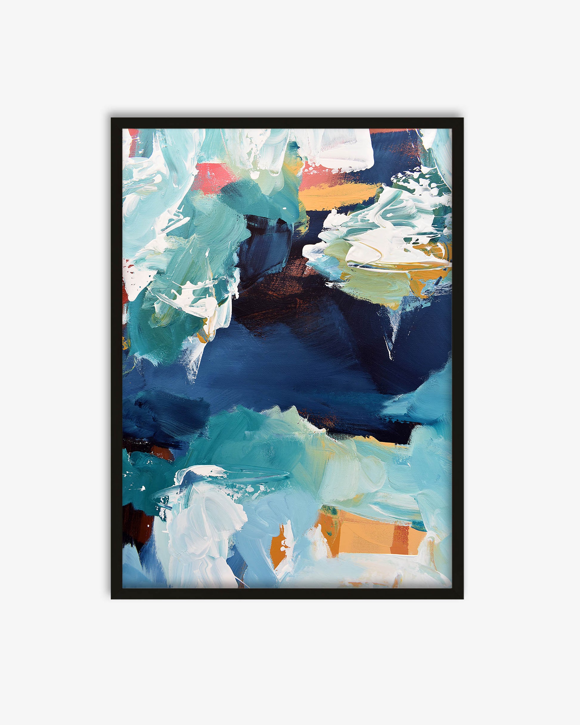 Framed abstract art print with colorful brush strokes on a white background