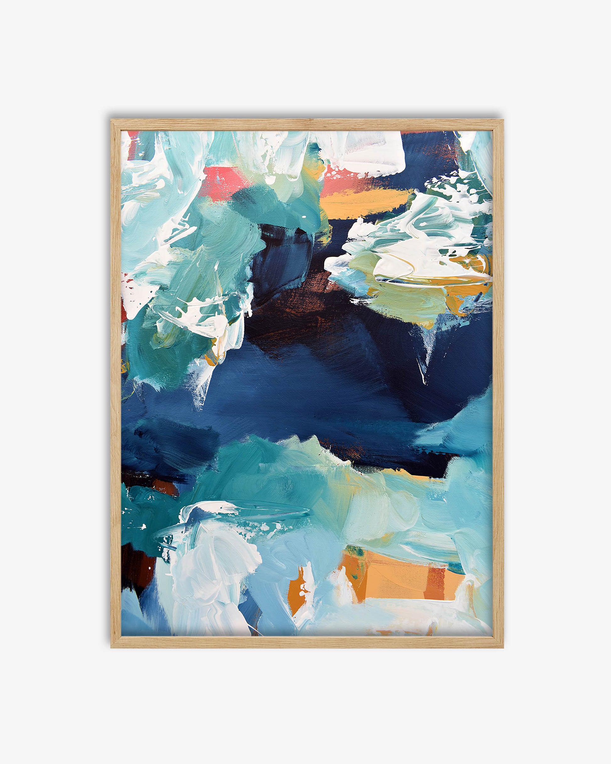 Abstract art print with colorful abstract design in a wooden frame on a white background