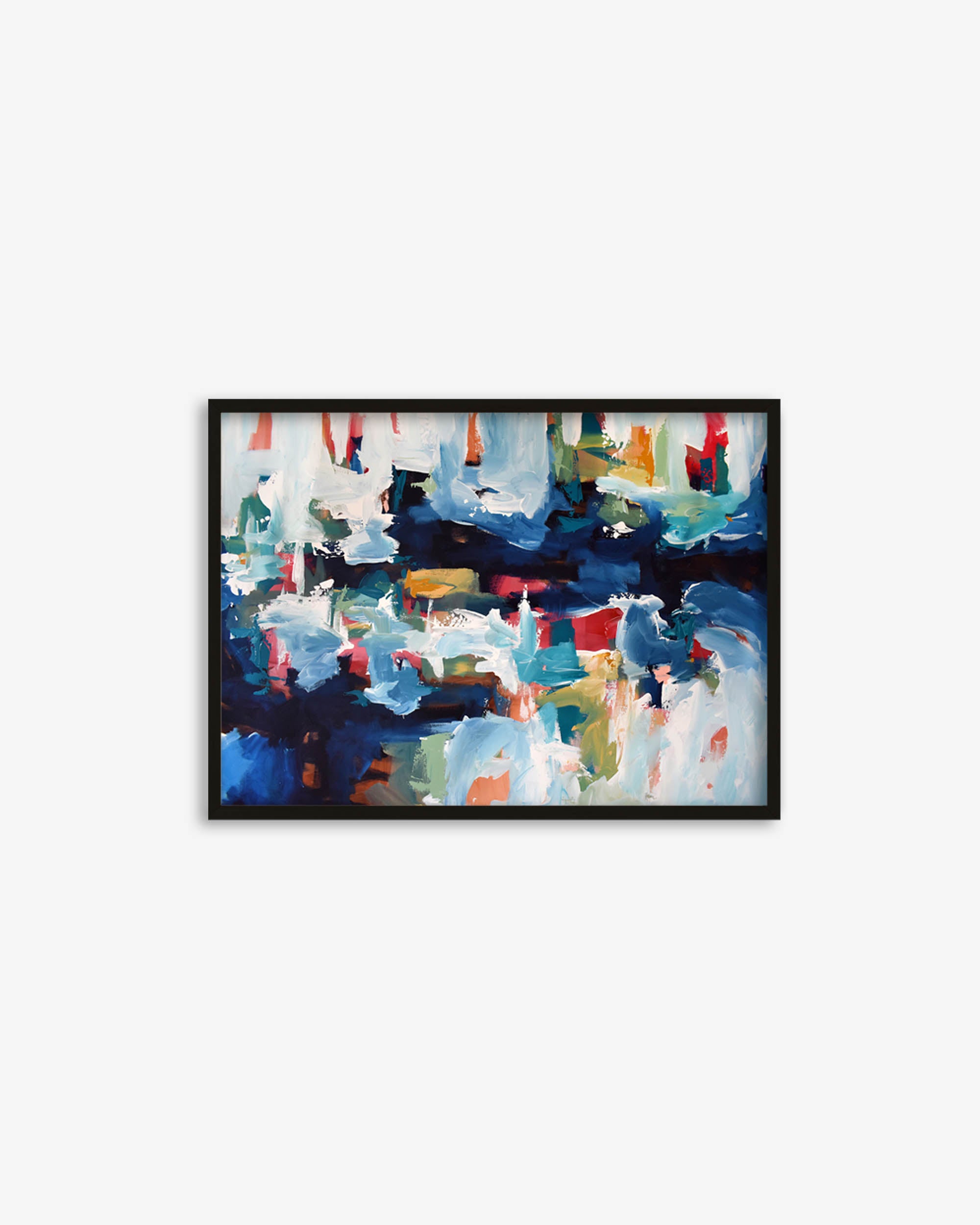 Framed abstract painting with colorful brush strokes on a white background
