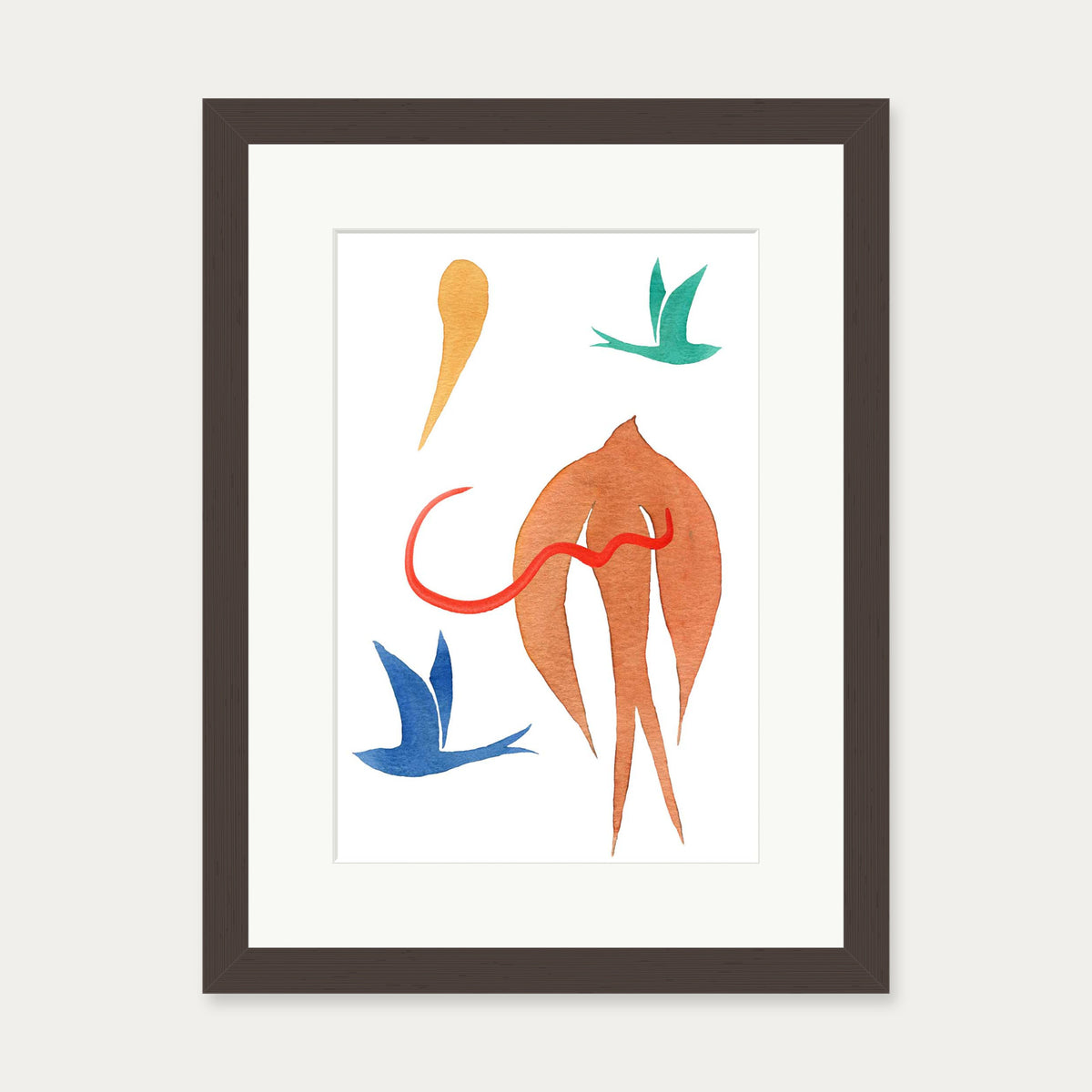 Matisse Birds Watercolour Art Print — 30 x 40 cm — Brown Frame