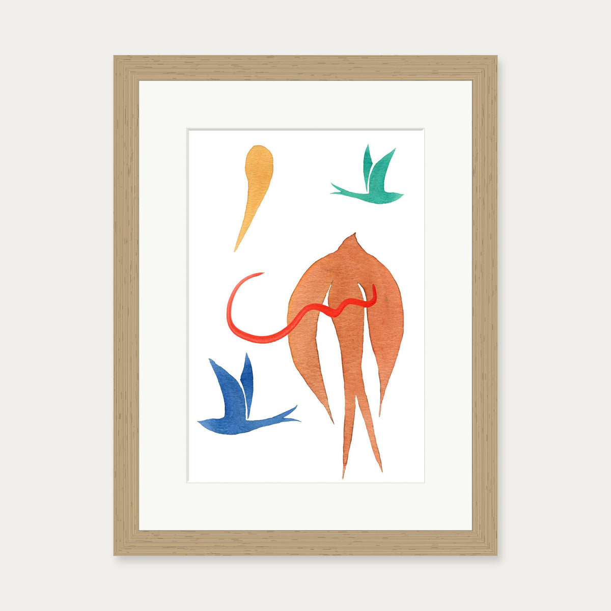 Matisse Birds Watercolour Art Print — 30 x 40 cm — Oak Frame