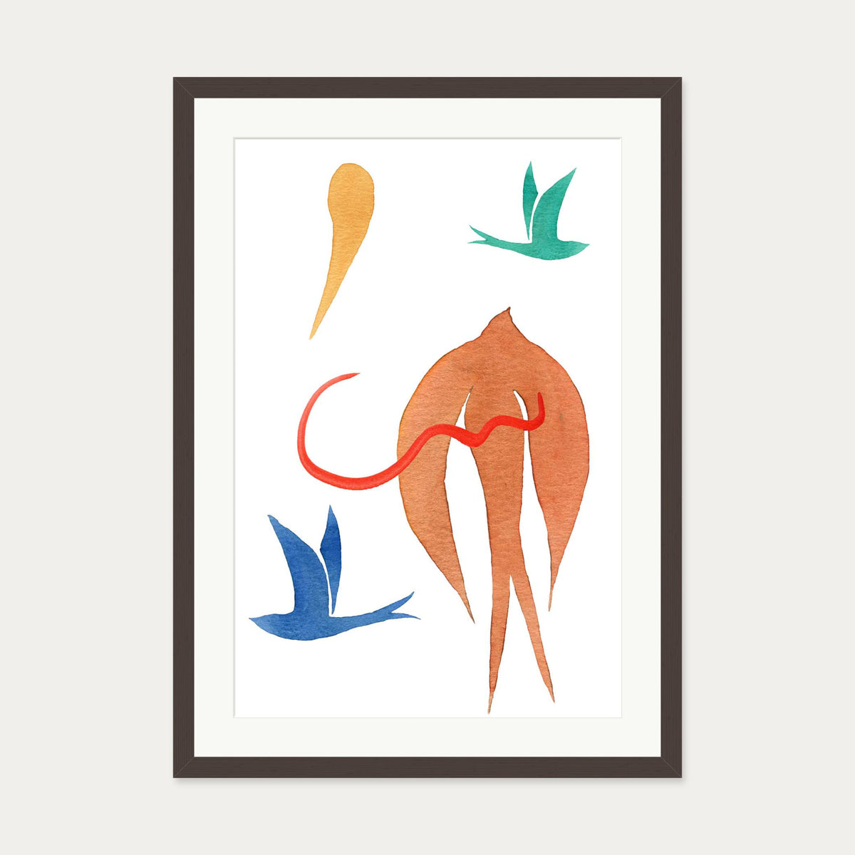Matisse Birds Watercolour Art Print — 50 x 70 cm — Brown Frame