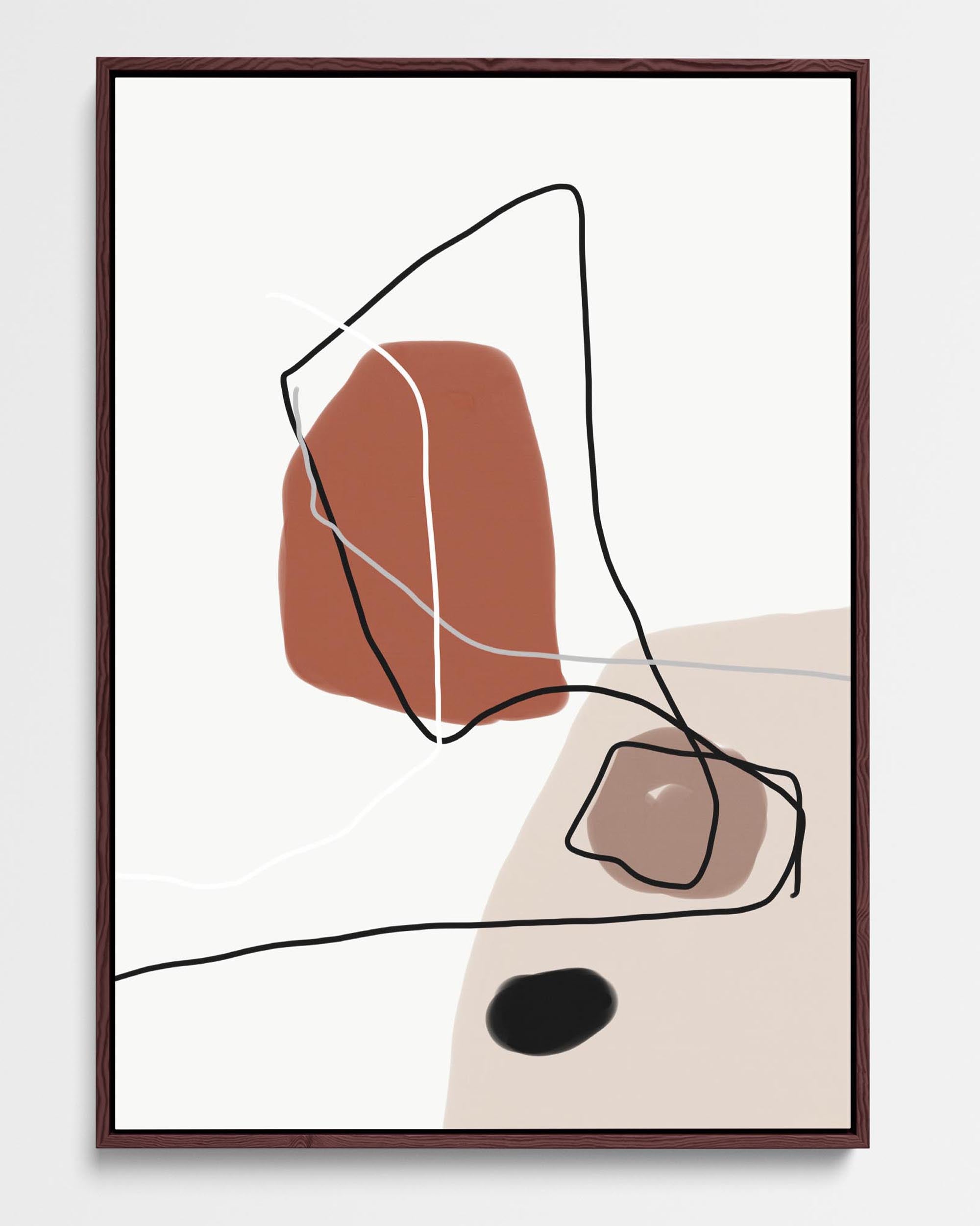A framed canvas print with an abstract design, featuring geometric shapes in brown, beige, black, and white.