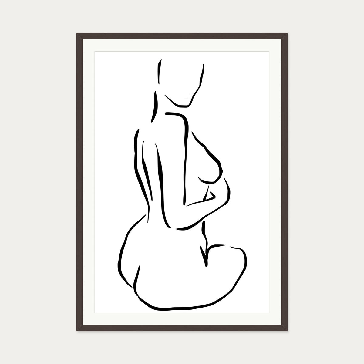 Minimal Nude Figure Line Art Print — 70 x 100 cm — Brown Frame