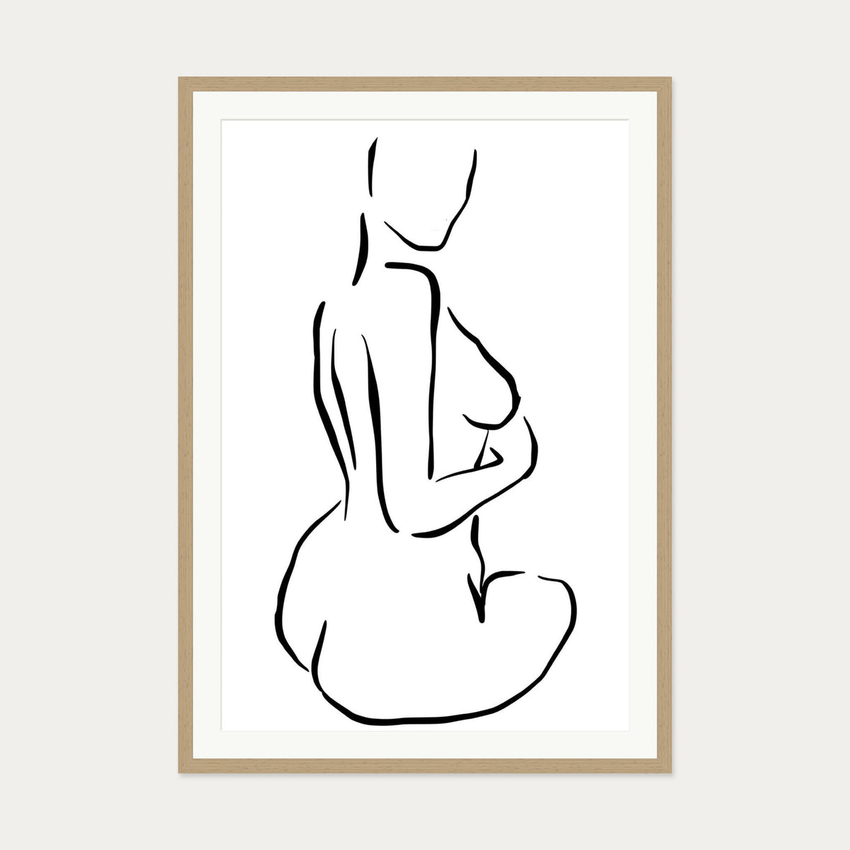Minimal Nude Figure Line Art Print — 70 x 100 cm — Oak Frame