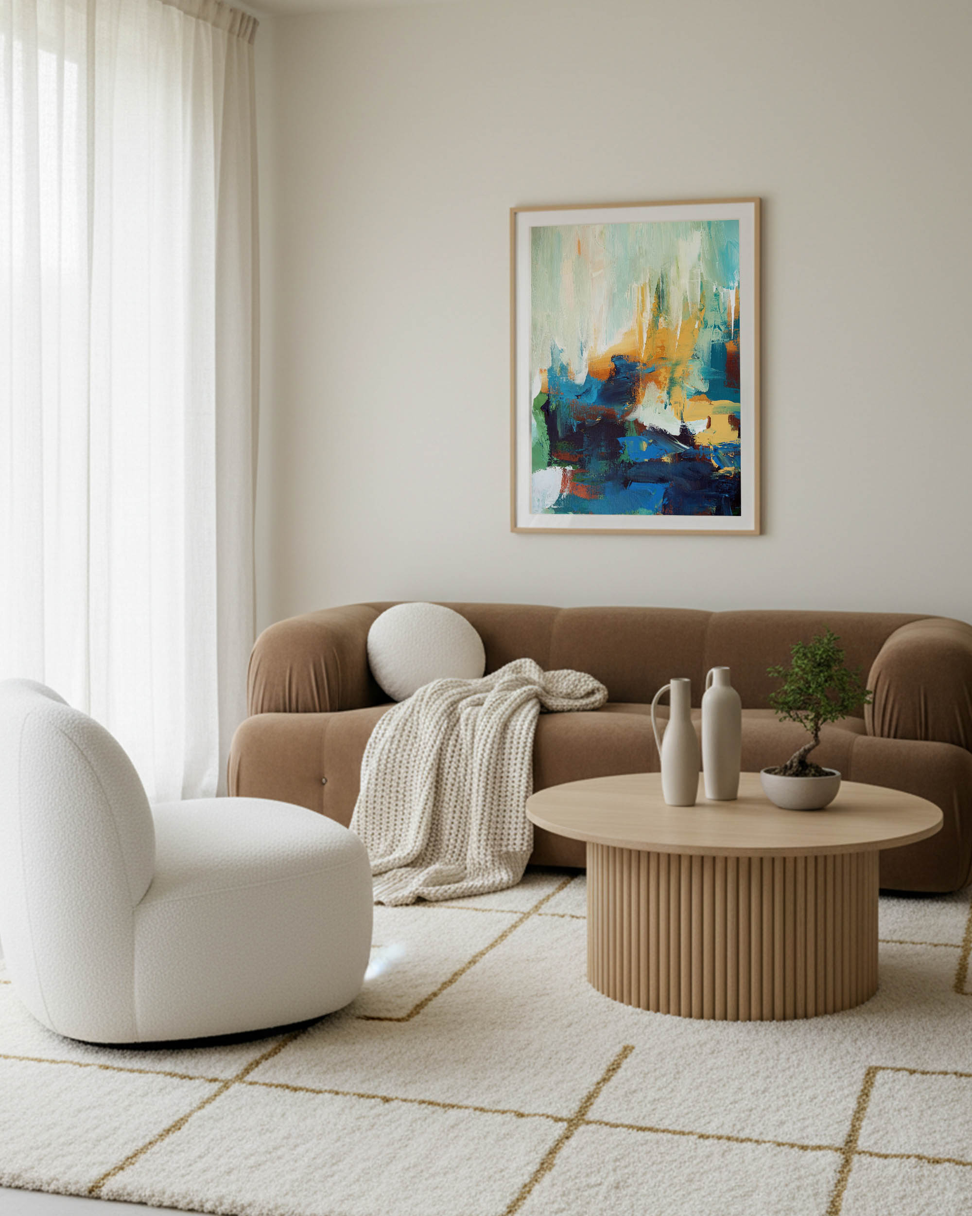 modern sage green and navy wall art, coastal sunset abstract painting print framed in scandinavian japandi living room with brown bubble sofa and fluted oak table.