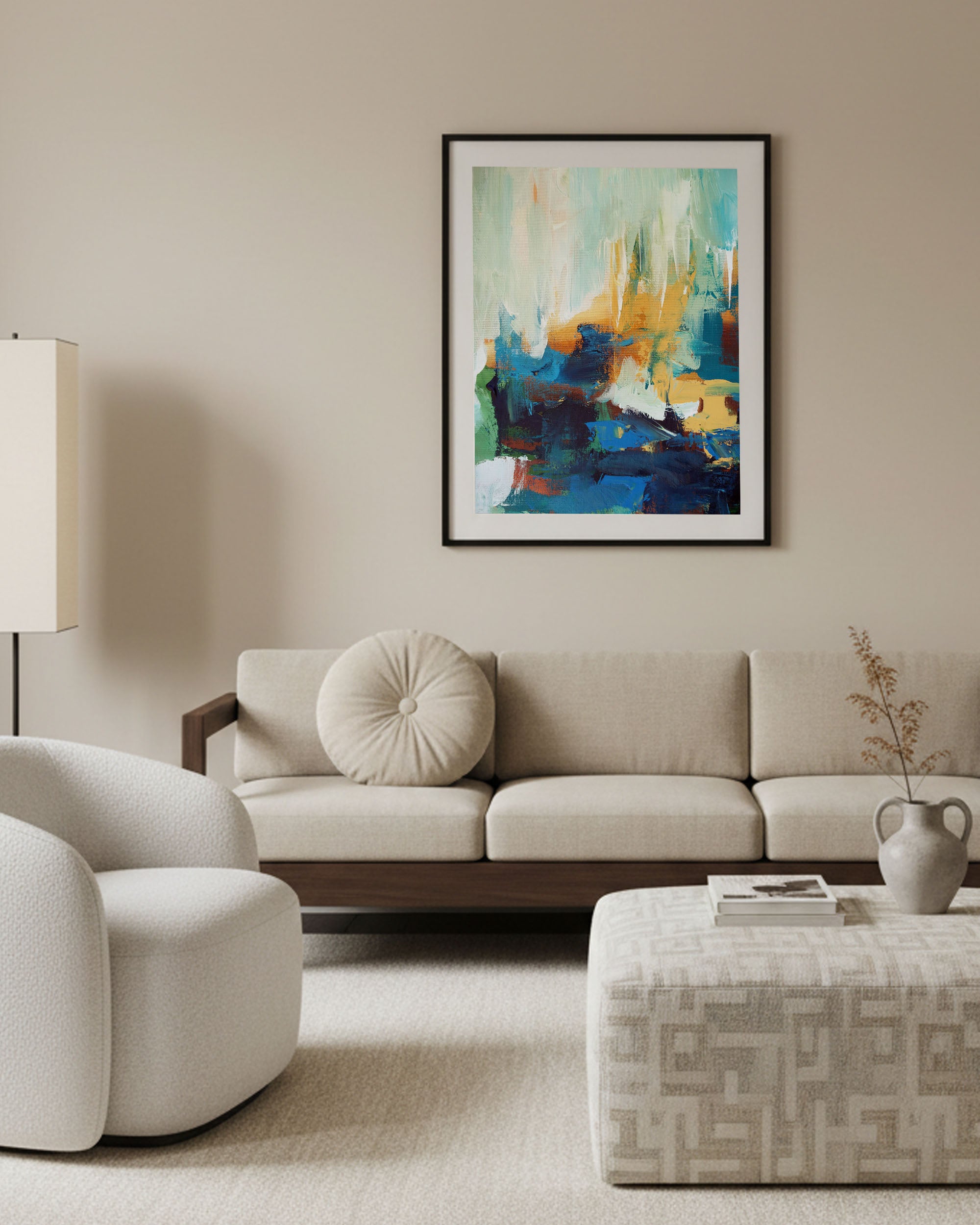 large statement abstract painting print, colorful yellow ochre and sage green prints, modern neutral art