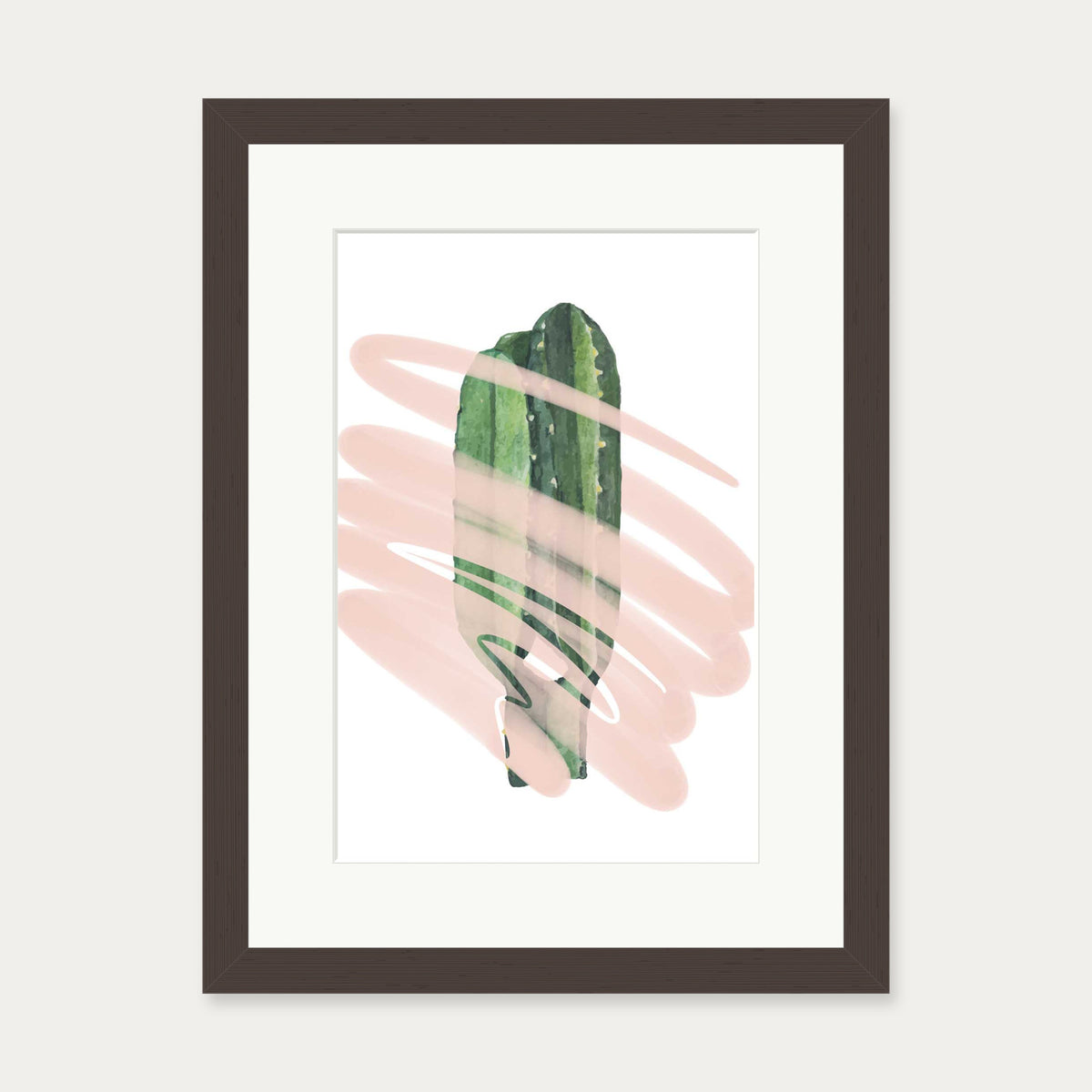 Modern Cactus Illustrated Art Print — 30 x 40 cm — Brown Frame