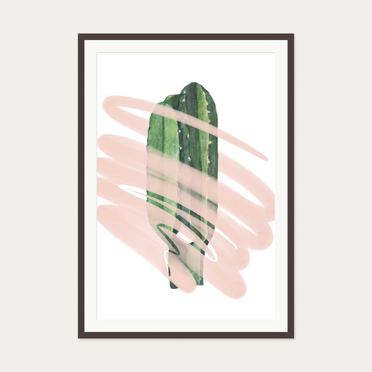 Modern Cactus Illustrated Art Print — 70 x 100 cm — Brown Frame