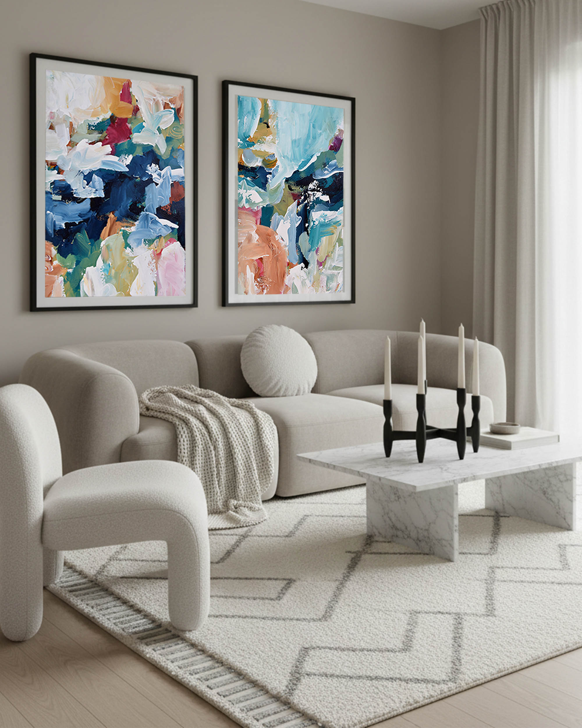 oversized abstract wall art prints in black frames above sofa in scandinavian minimalist cloudy dancer pantone style living room