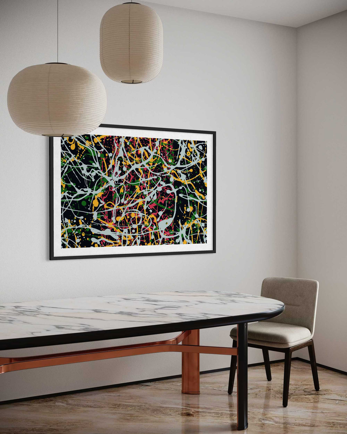 Abstract artwork on a wall above a dining table with a chair.