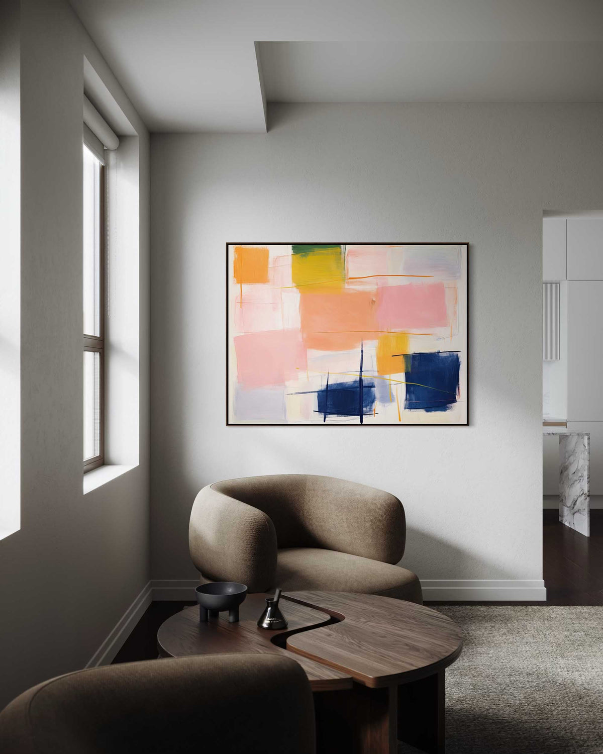 Modern living room with abstract art on the wall and a round wooden coffee table.